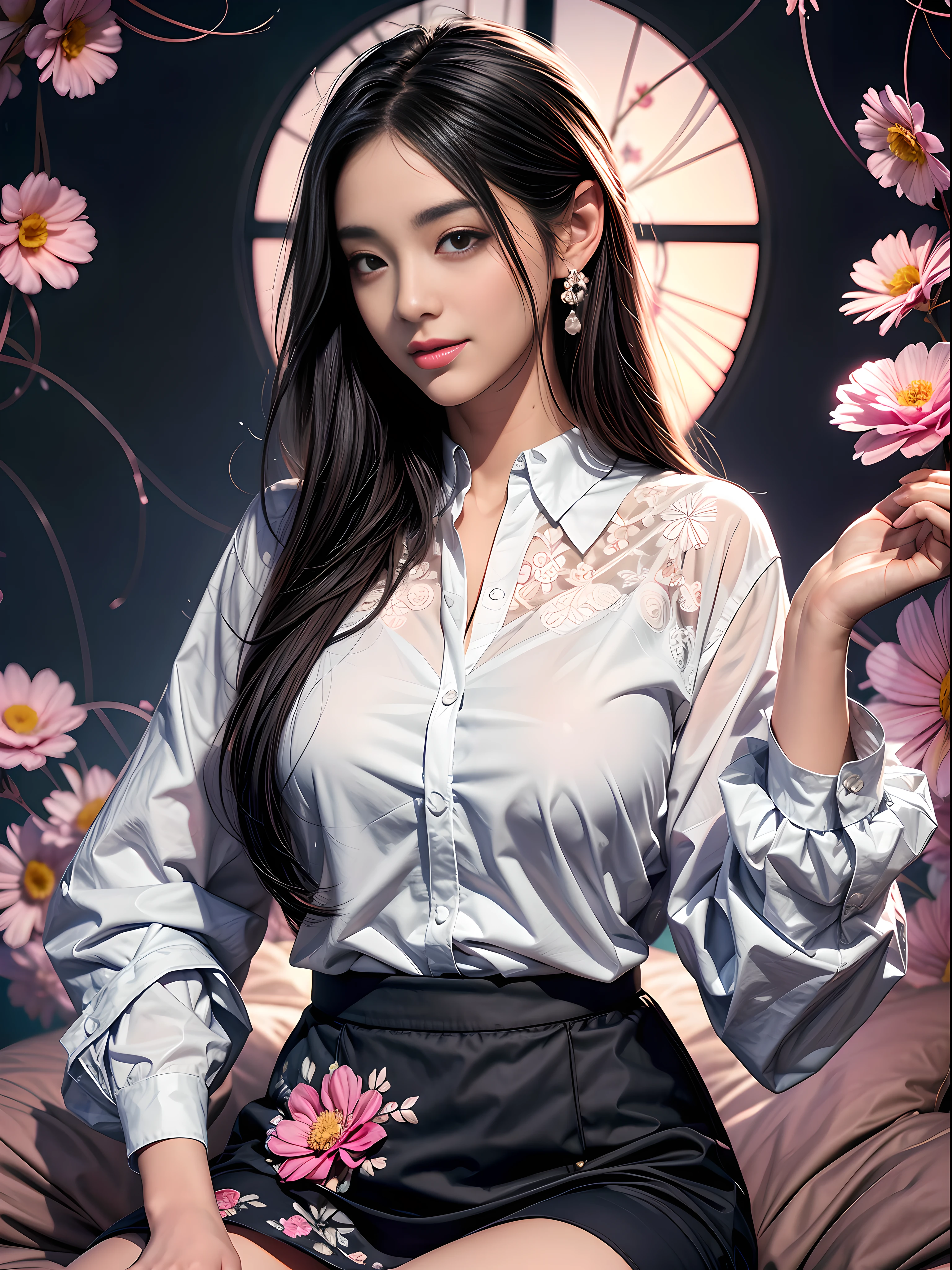 1 girl, Korean, masterpiece, changeable pose, solo, (zen tangles, mandalas, tangles, tangles), ((flowers: 1.4)) Official art, unified 8k wallpaper, super detailed, aesthetics, masterpiece, best quality, photo realism, shirt clothes, black short skirt, photo, close-up of face, fair skin, bright big eyes, tall straight nose, (beautiful face: 1.5), smile, technical aesthetics, real
