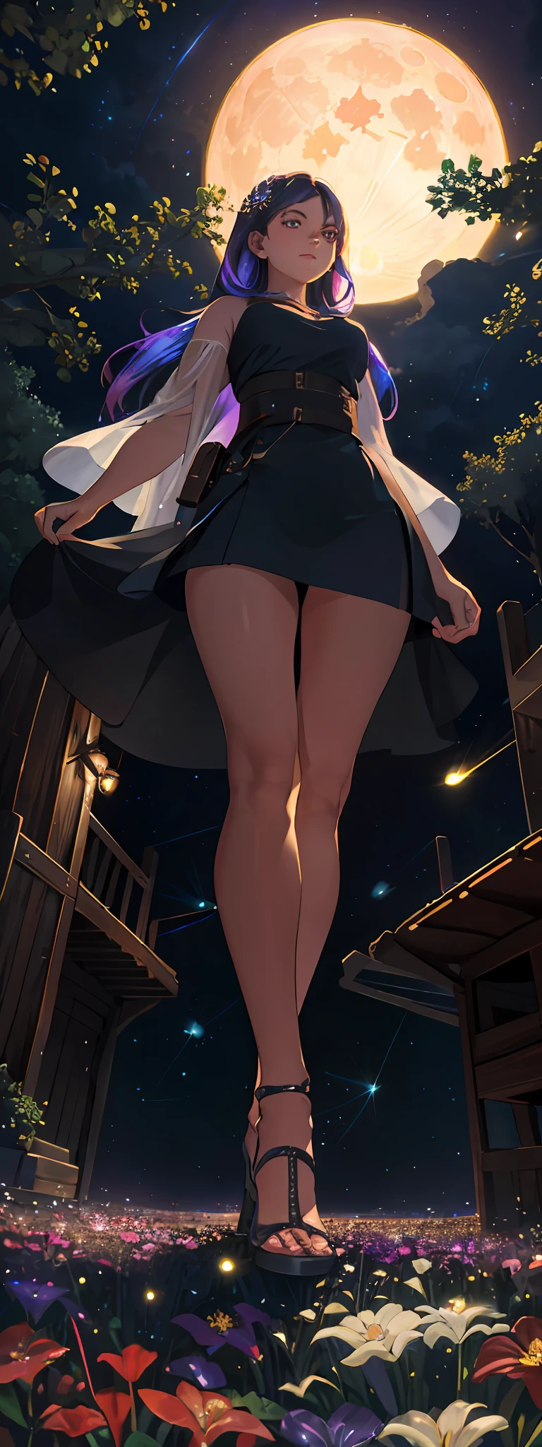 expansive landscape photograph , (a view from below that shows sky above and open field below), a girl standing on flower field looking up, (full moon:1.2), ( shooting stars:0.9), (nebula:1.3), distant mountain, tree BREAK
production art, (warm light source:1.2), (Firefly:1.2), lamp, lot of purple and orange, intricate details, volumetric lighting, realism BREAK
(masterpiece:1.2), (best quality), 4k, ultra-detailed, (dynamic composition:1.4), highly detailed, colorful details,( iridescent colors:1.2), (glowing lighting, atmospheric lighting), dreamy, magical, (solo:1.2)