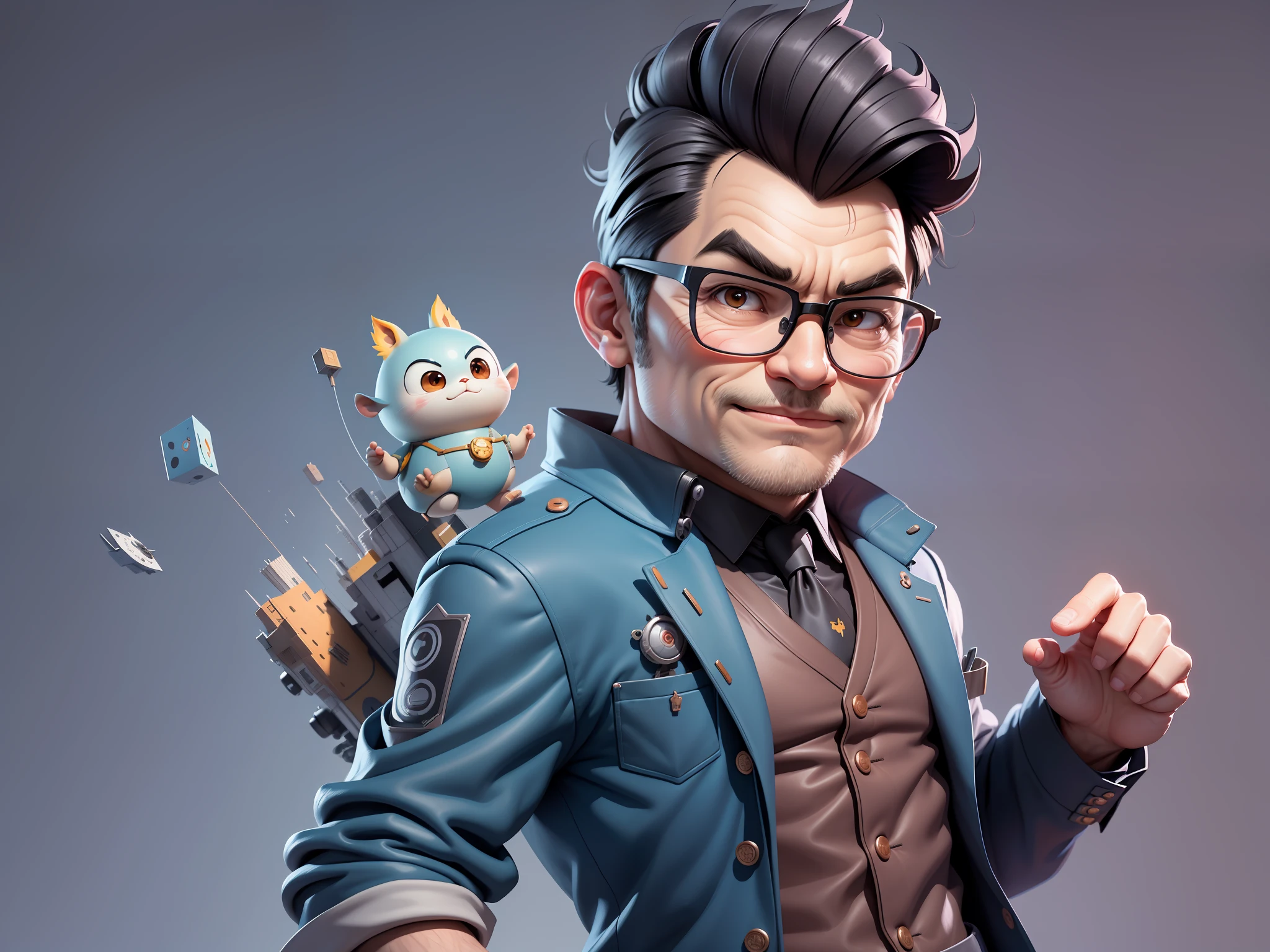 (Masterpiece), (Excellent), (Super Meticulous), (Full Body: 1.2), Super Young Man, Oriental Face, TV Anchor, Bust Portrait Illustration, Alone, Black Suit, Blue Tie, Silver Glasses, Slightly Chubby Face, Very Clean Face, No Beard, Black Super Short Hair, Black Eyes, Confident Smile, 3c Computer Sub-Products, iPad, iPhone, Digital Painting, 3D Character Design by Mark Clairen and Pixar and Hayao Miyazaki, the illustration is HD illustration in 4K resolution, With very detailed facial features and cartoon-style visuals.