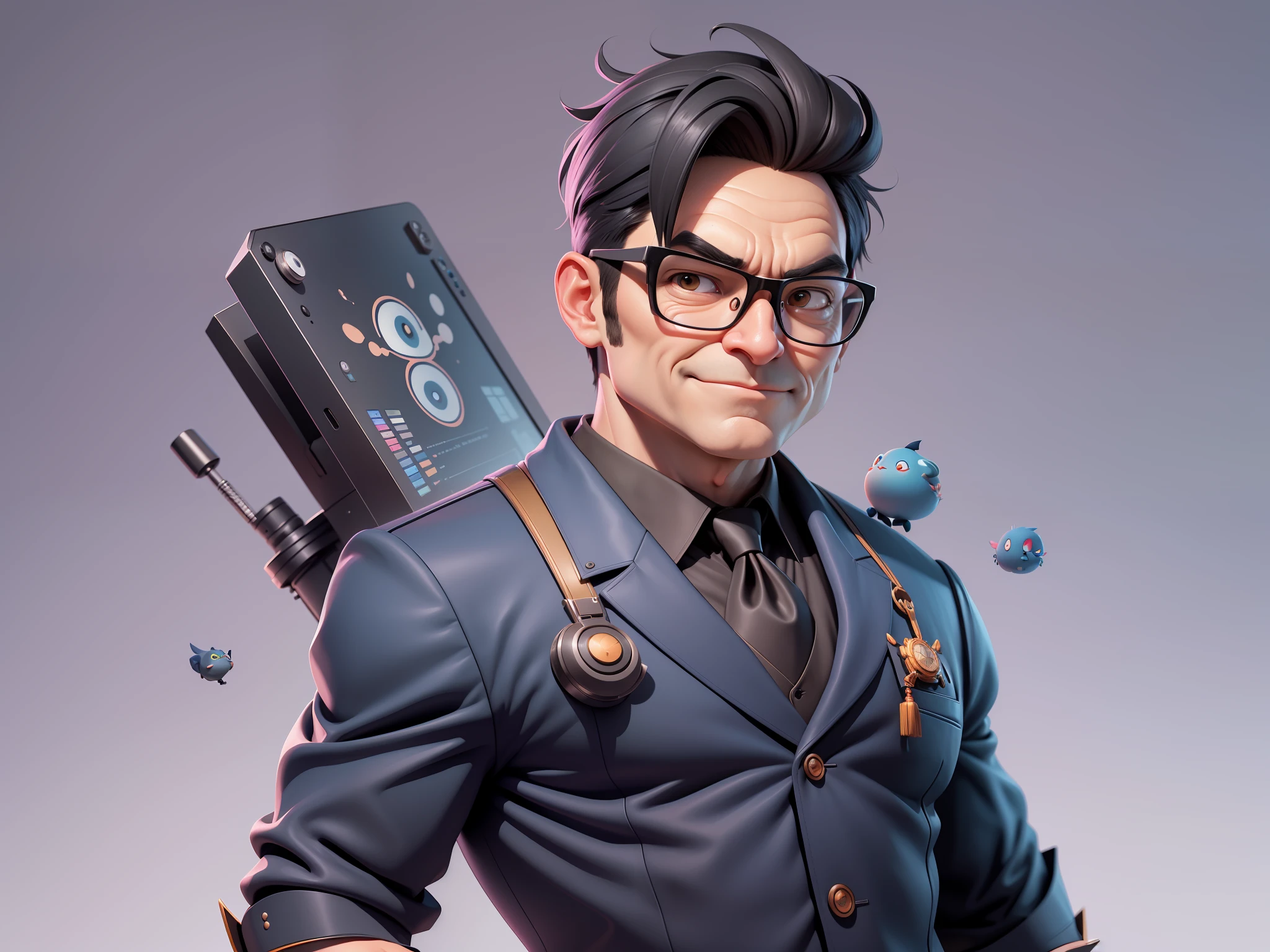 (Masterpiece), (Excellent), (Super Meticulous), (Full Body: 1.2), Super Young Man, Oriental Face, TV Anchor, Bust Portrait Illustration, Alone, Black Suit, Blue Tie, Silver Glasses, Slightly Chubby Face, Very Clean Face, No Beard, Black Super Short Hair, Black Eyes, Confident Smile, 3c Computer Sub-Products, iPad, iPhone, Digital Painting, 3D Character Design by Mark Clairen and Pixar and Hayao Miyazaki, the illustration is HD illustration in 4K resolution, With very detailed facial features and cartoon-style visuals.