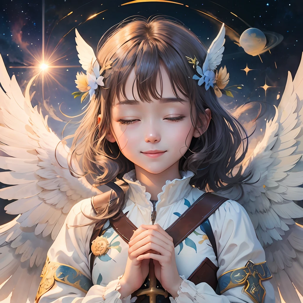 watercolor、Angel Protecting the Earth、The Wisdom of the Universe、Peace of mind that you are protected、Looks fun、Reassuring smile、Cute clothes、sun、Strength、wink、Big wings、It's okay、Mitsu、sword、Big empty、enchanted