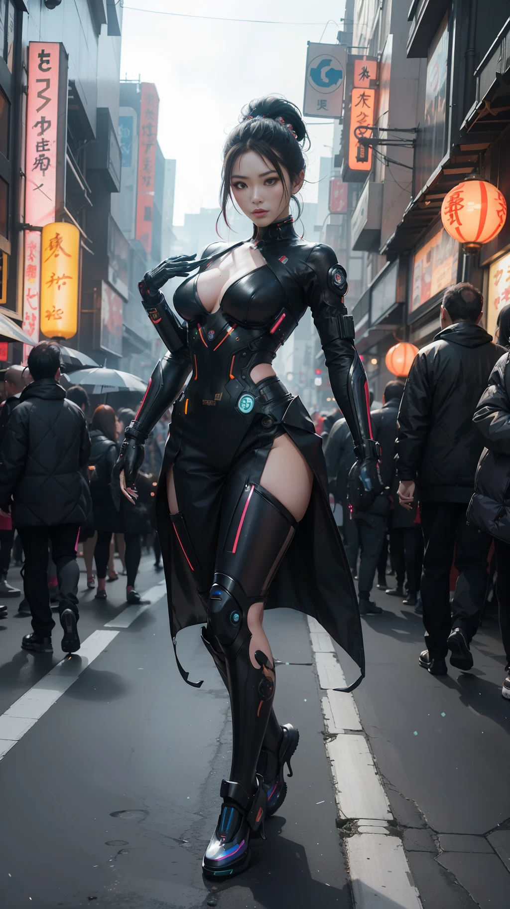 A hyperrealistic photograph of Japanese female cyberpunk android in a crowded street, geisha makeup and hairstyle, (((dynamic pose))), walking pose, flowing organic construction, detailed designs, glowing colorful circuitry, colorful neon trim, cinematic lighting, rim lighting, f/2.8, art by H.R. Giger, Greg Rutowski