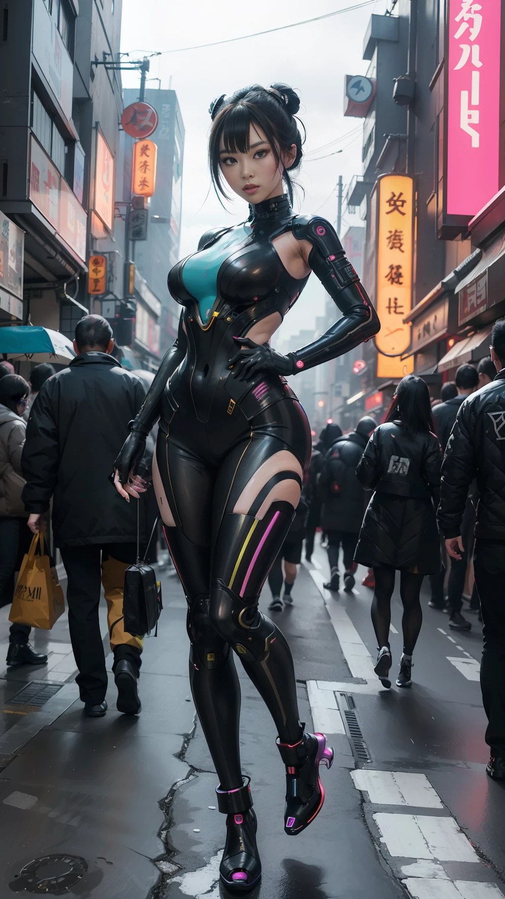A hyperrealistic photograph of Japanese female cyberpunk android in a crowded street, geisha makeup and hairstyle, (((dynamic pose))), walking pose, flowing organic construction, detailed designs, glowing colorful circuitry, colorful neon trim, cinematic lighting, rim lighting, f/2.8, art by H.R. Giger, Greg Rutowski
