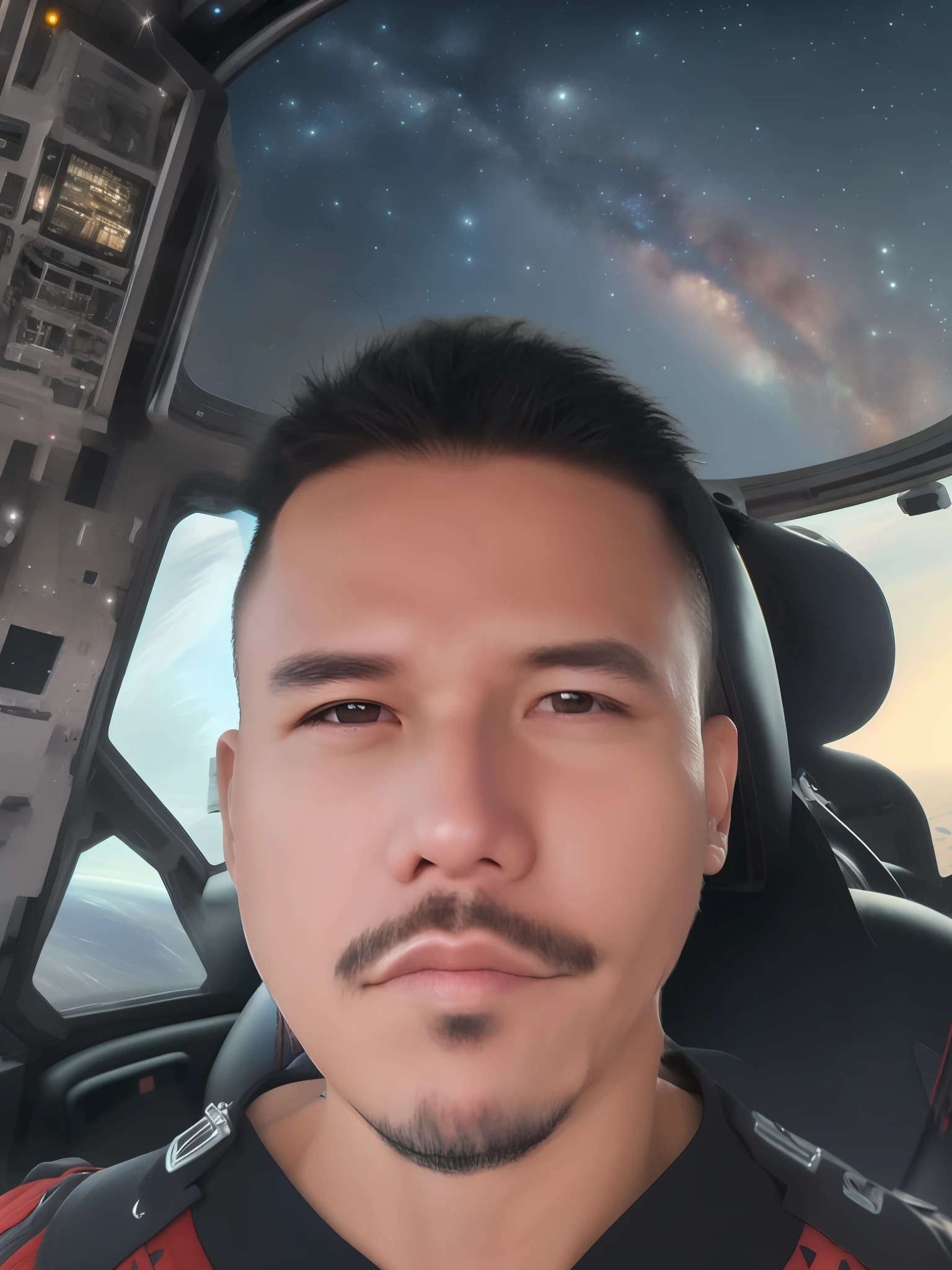 In the spacecraft, a huge look overlooks the galaxy.