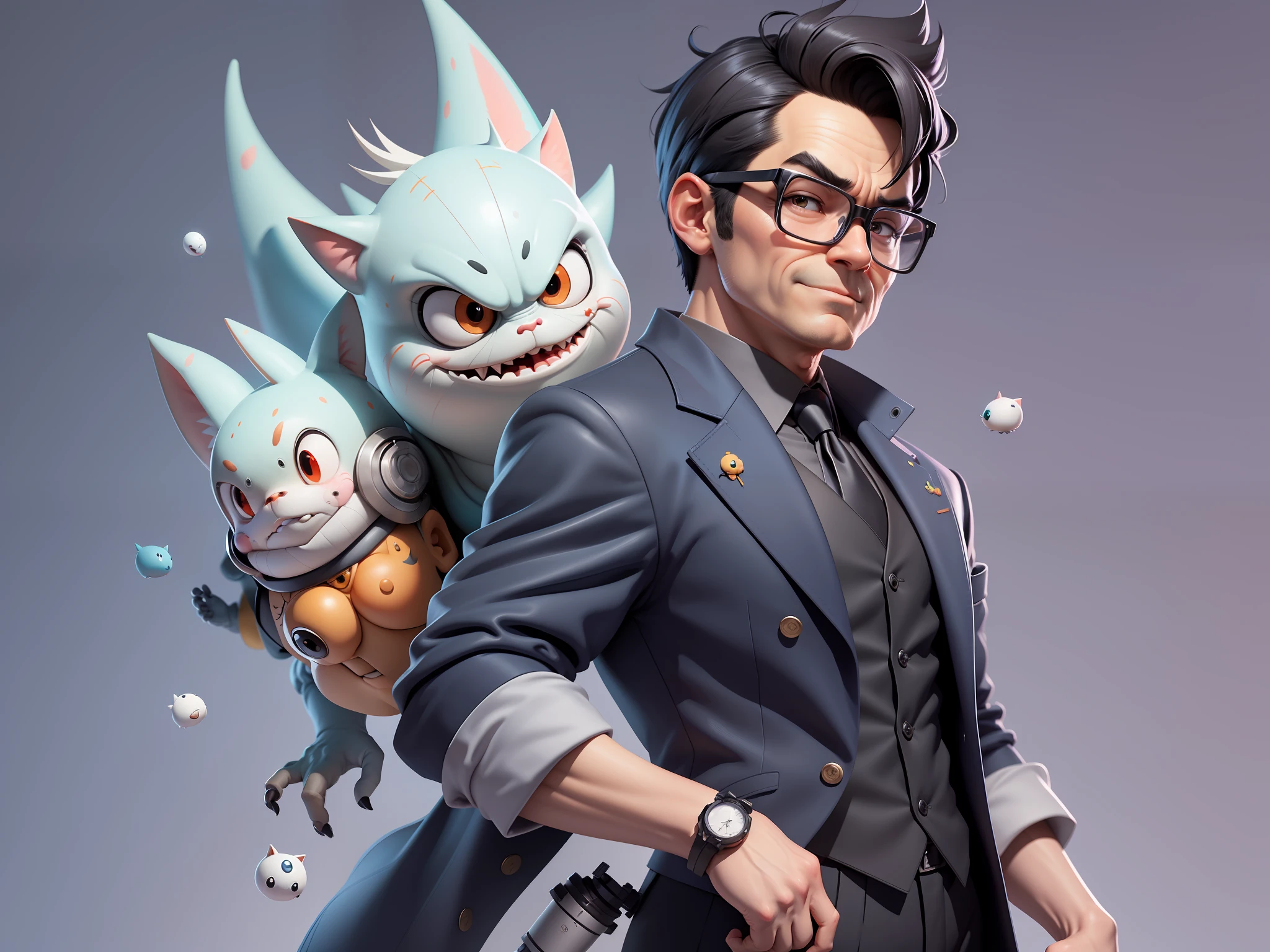 (Masterpiece), (Excellent), (Super Meticulous), (Full Body: 1.2), Super Young Man, Oriental Face, TV Anchor, Bust Portrait Illustration, Alone, Black Suit, Blue Tie, Silver Glasses, Slightly Chubby Face, Very Clean Face, No Beard, Black Super Short Hair, Black Eyes, Confident Smile, 3c Computer Sub-Products, iPad, iPhone, Digital Painting, 3D Character Design by Mark Clairen and Pixar and Hayao Miyazaki, the illustration is HD illustration in 4K resolution, With very detailed facial features and cartoon-style visuals.