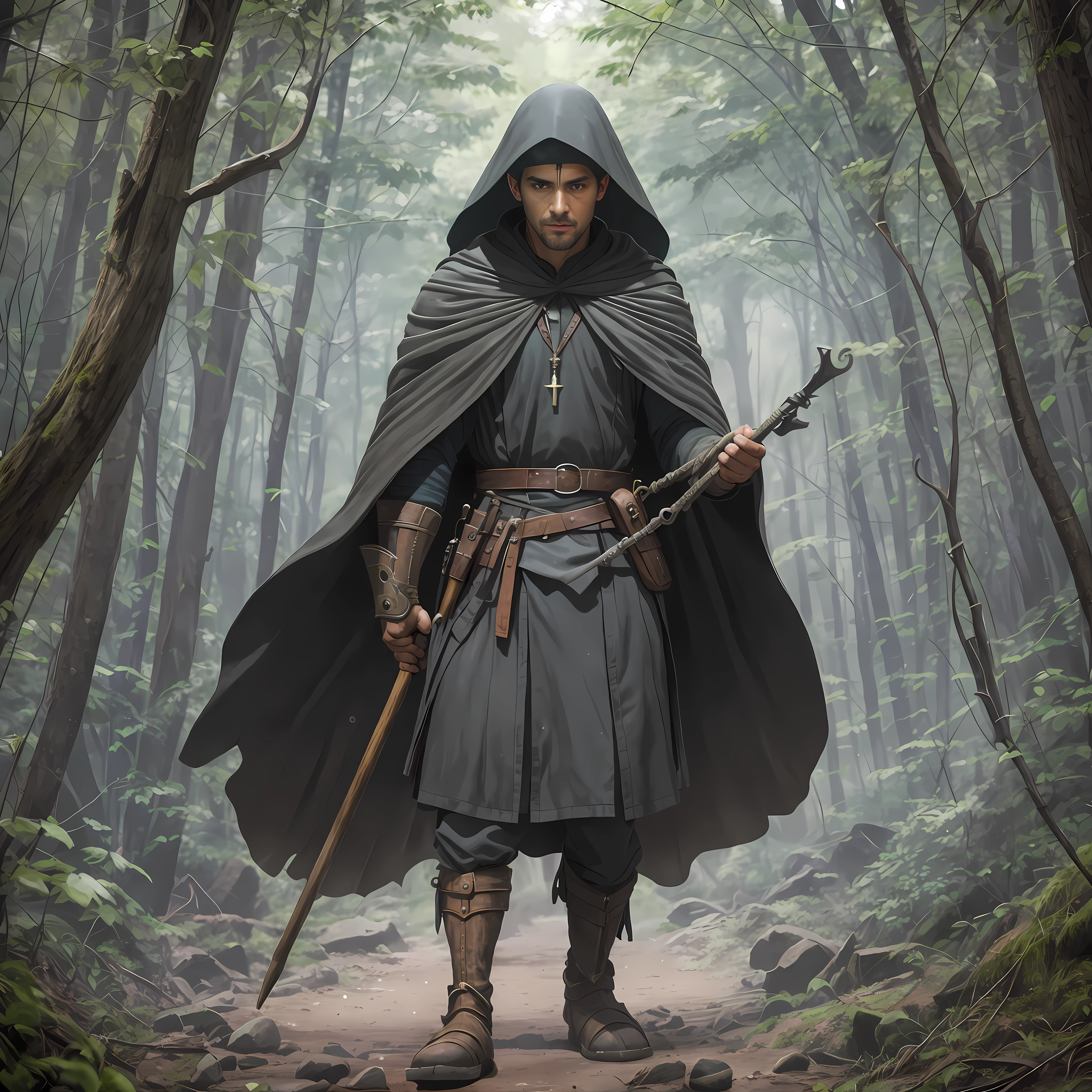 man with hooded cape and cape holding a staff in a forest, portrait of a forest mage, Mistborn steel inquisitor, male ranger, Tom Bagshaw weta studio, by Kerembeyit, medieval fantasy game art, flowing robes and black leather armor, concept art of a magician, fantasy genre portrait, epic fantasy d d hobbit rogue