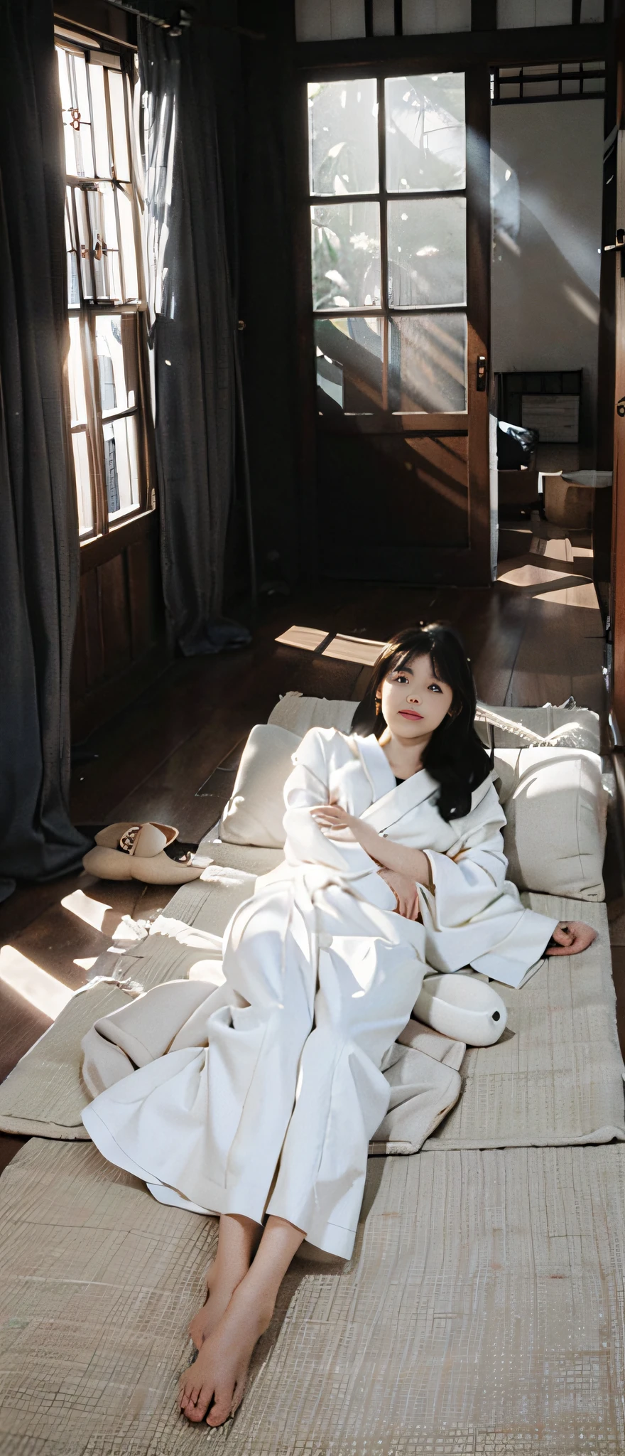 A woman, lying on the floor of the room, barefoot, white kimono, Kim Myung-gukuk, dreamy atmosphere and drama, soft ethereal lighting, Jung-sun, soft morning lighting, with natural light as a background