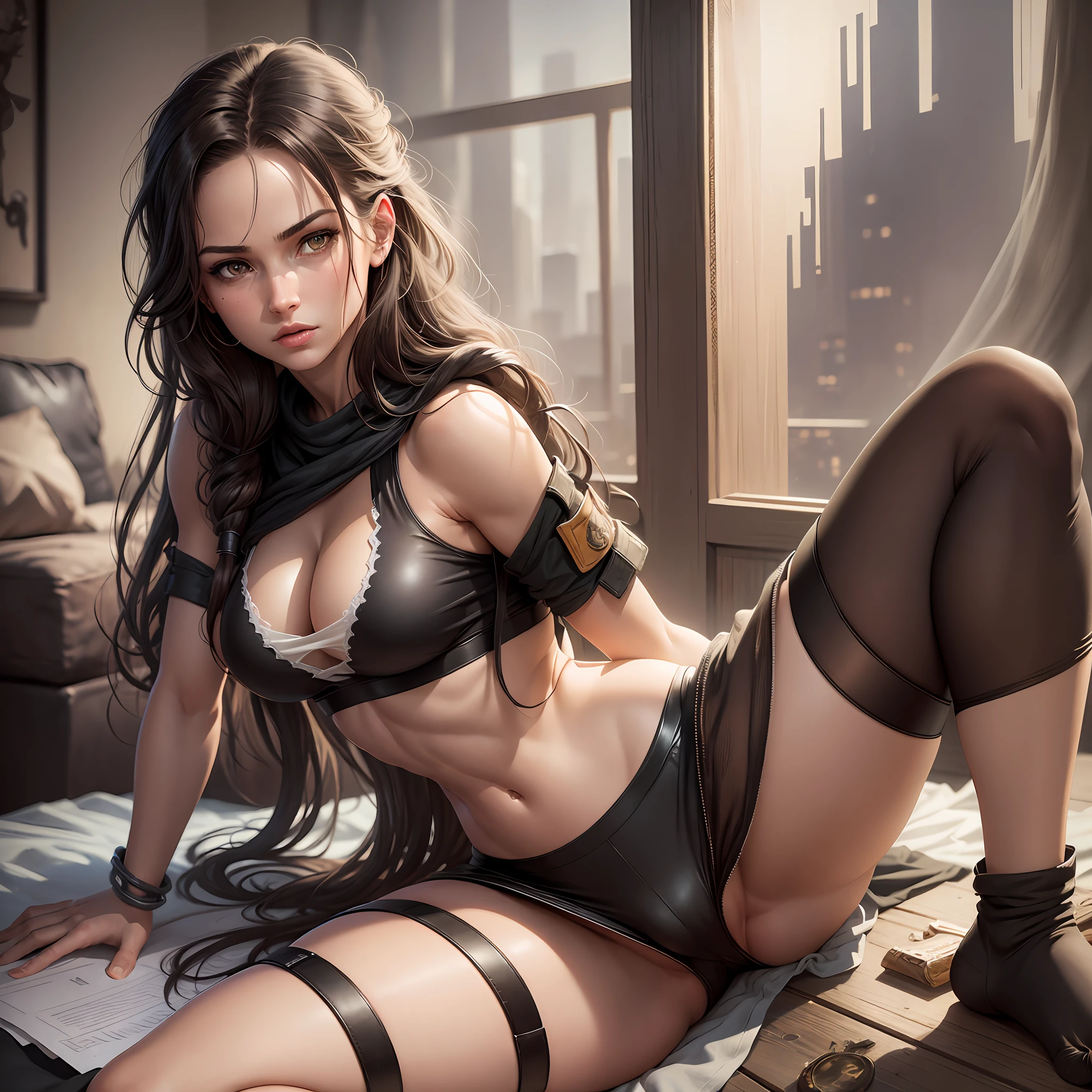 Lara croft, (hyperrealistic), (illustration), (high resolution), (8K), (extremely detailed), (best illustration), (beautiful detailed eyes), (best quality), (super detailed), (masterpiece), (wallpaper), (detailed face), solo, 1 girl, white wavy hair, heterochromic eyes, small moles under the eyes, maid's clothing, large breasts, long legs, tight abs, (camel fingers), (black socks), (no panties) --auto --s2