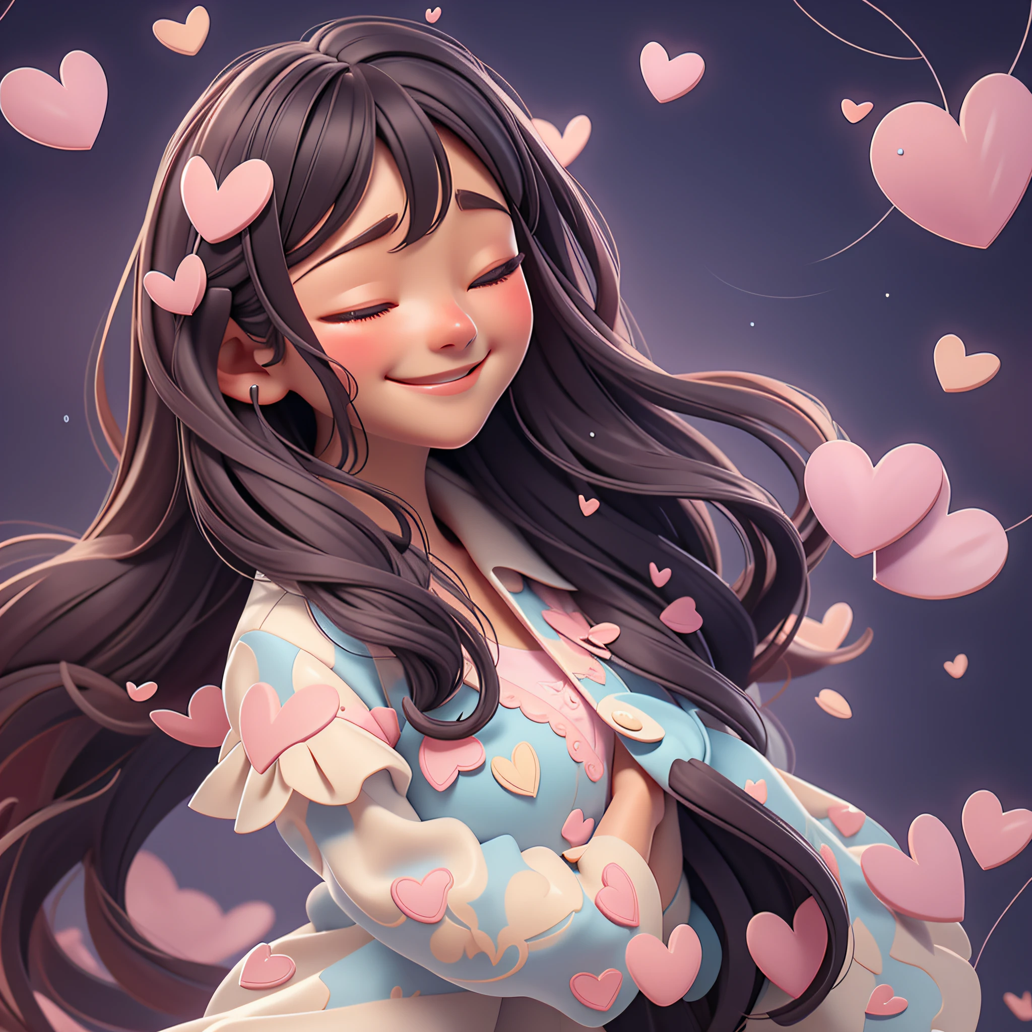 In this illustration, raindrops are transformed into hearts, falling gently on a character who has her eyes closed and a serene smile