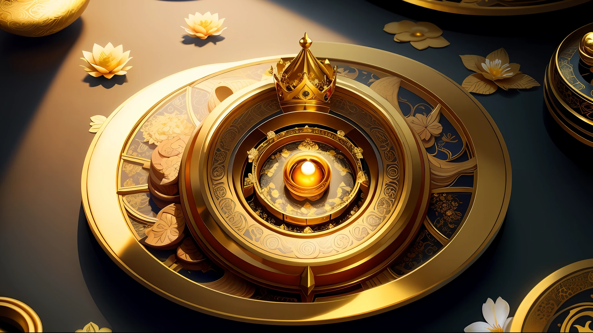 a golden yin yang like a house with a crown like a roof and diamond flowers around it.-imagine ((best quality)), ((masterpiece)), Wonderful, Super Detailed, Wonderful, Beautiful, an image