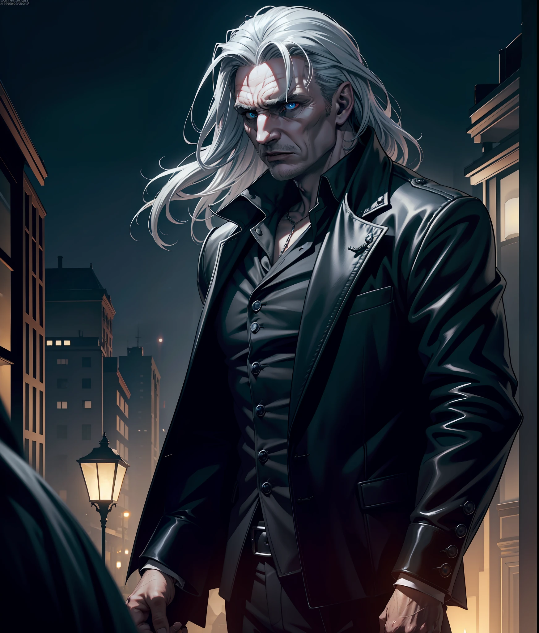 (extremely detailed 8k wallpaper), dark theme, Vampire the Masquerade, modern horror, 2020s, middle-aged man, wearing white private morgue coat, sharp focus, (subsurface scattering:1.1), award-winning photography, centered face, (Liam Neeson's face), (((a vampire from Hecata)))), head-on, full-body shot:1.1, gray hair, supernatural blue eyes, serious expression, beachfront at night, dramatic lighting