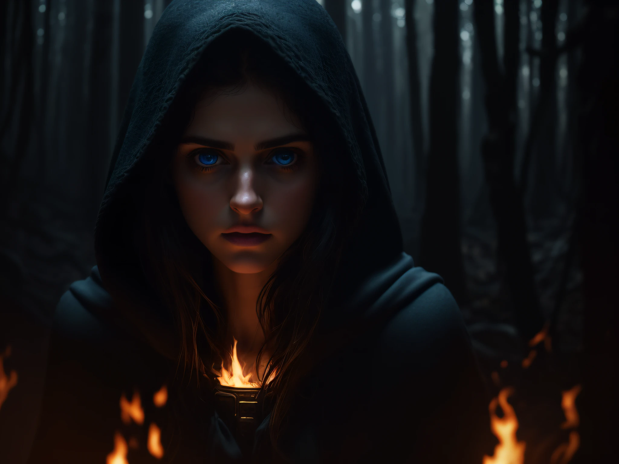 closeup award winning photo of cloaked woman posing in a burning dark forest, look at a camera, (cinematic:1.5), epic realistic, hyperdetailed, insane details, intricate details, accent lighting, soft volumetric light, bokeh, (dramatic light:1.2), (neutral colors:1.3), (Alexandra Daddario), (blue eyes), teen, 15 yo, (black hair), cabelo ondulado,