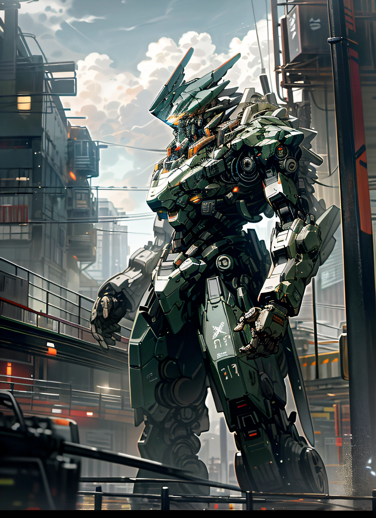 Sky, Clouds, holding_weapon, no_humans, Glow, Robot, Architecture, glowing_eyes, Mecha, Science Fiction, City, Reality, Mecha, (Pacific Rim Gipsy Danger: 1.4)