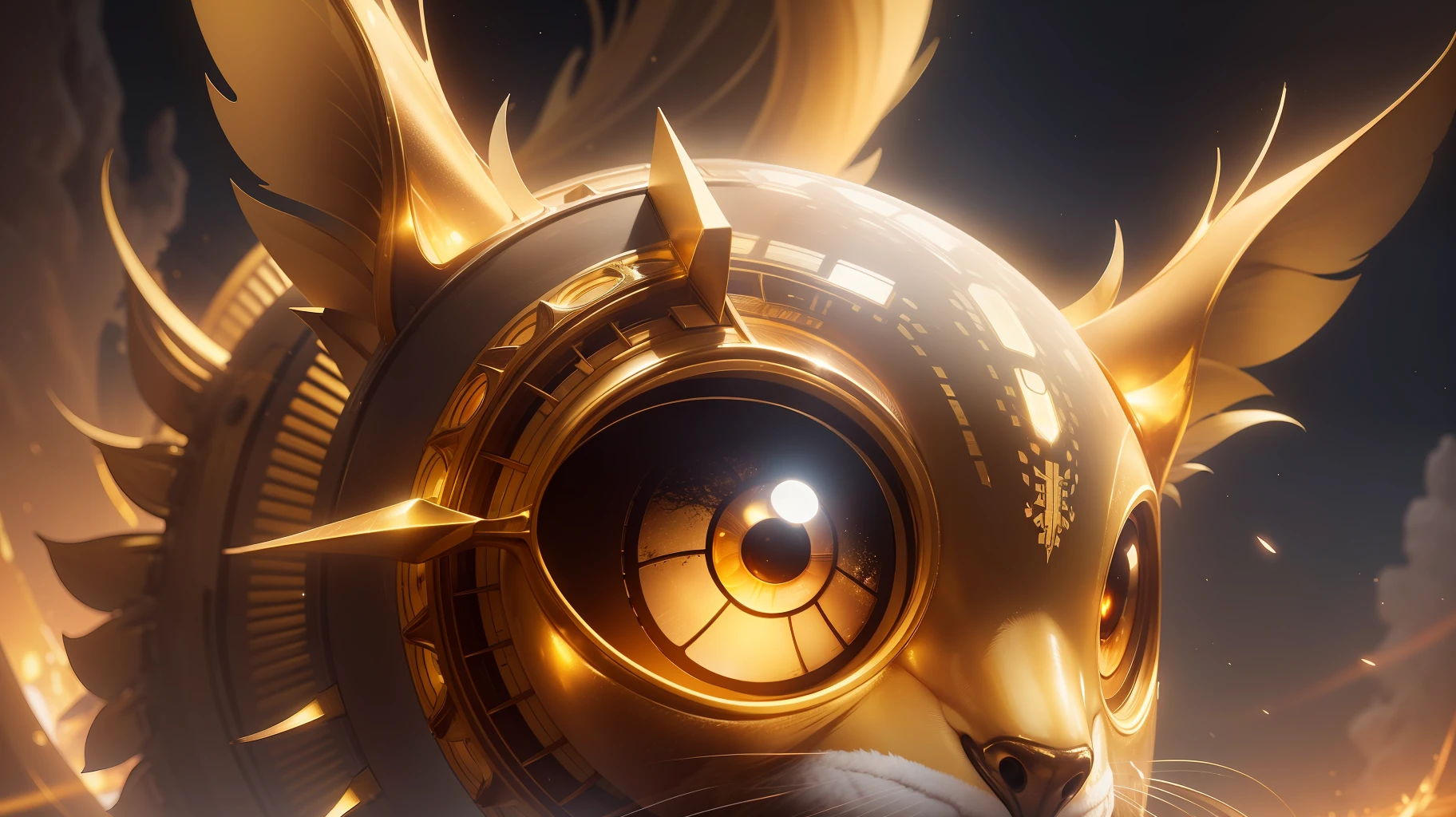 A scene seen from the earth of a semi-transparent gaze 13 kilometers in size with golden color projecting from its eyes on the earth a golden glow as if it were a lantern.