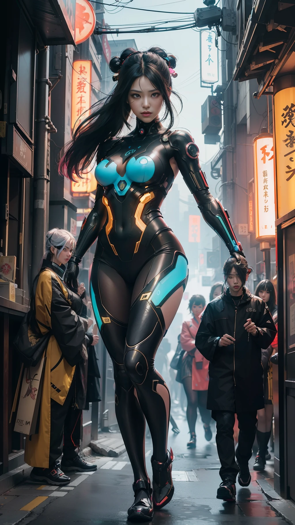A hyperrealistic photograph of cyberpunk gynoid in a crowded Japanese street, geisha makeup and hairstyle, (((dynamic pose))), walking pose, flowing organic construction, detailed designs, glowing colorful circuitry, colorful neon trim, cinematic lighting, rim lighting, f/2.8, art by H.R. Giger, Greg Rutowski