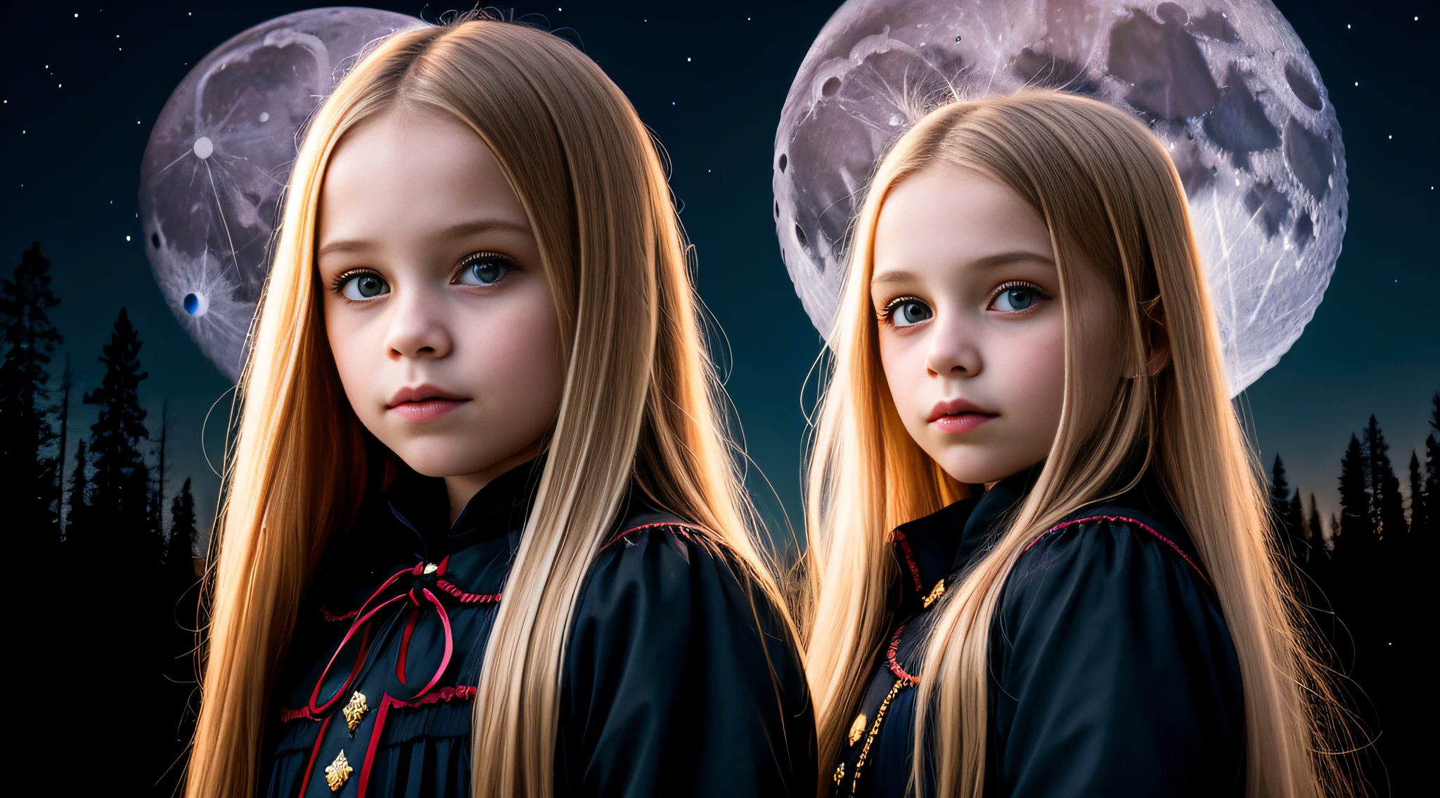 10 year old girl child Russian VAMPIRE, close up, PORTRAIT, with long blonde hair, There is a full moon that is shining through the trees, moonlight through the trees, an image of a moonlit forest, moonlight through the trees, forest and moon, at night with dramatic moonlight, moonlit forest, moonlit night sky, dreamy atmosphere moonlit night,  beautiful moonlit night, moonlight in the upper background, moonlit sky, dramatic moonlight illumination