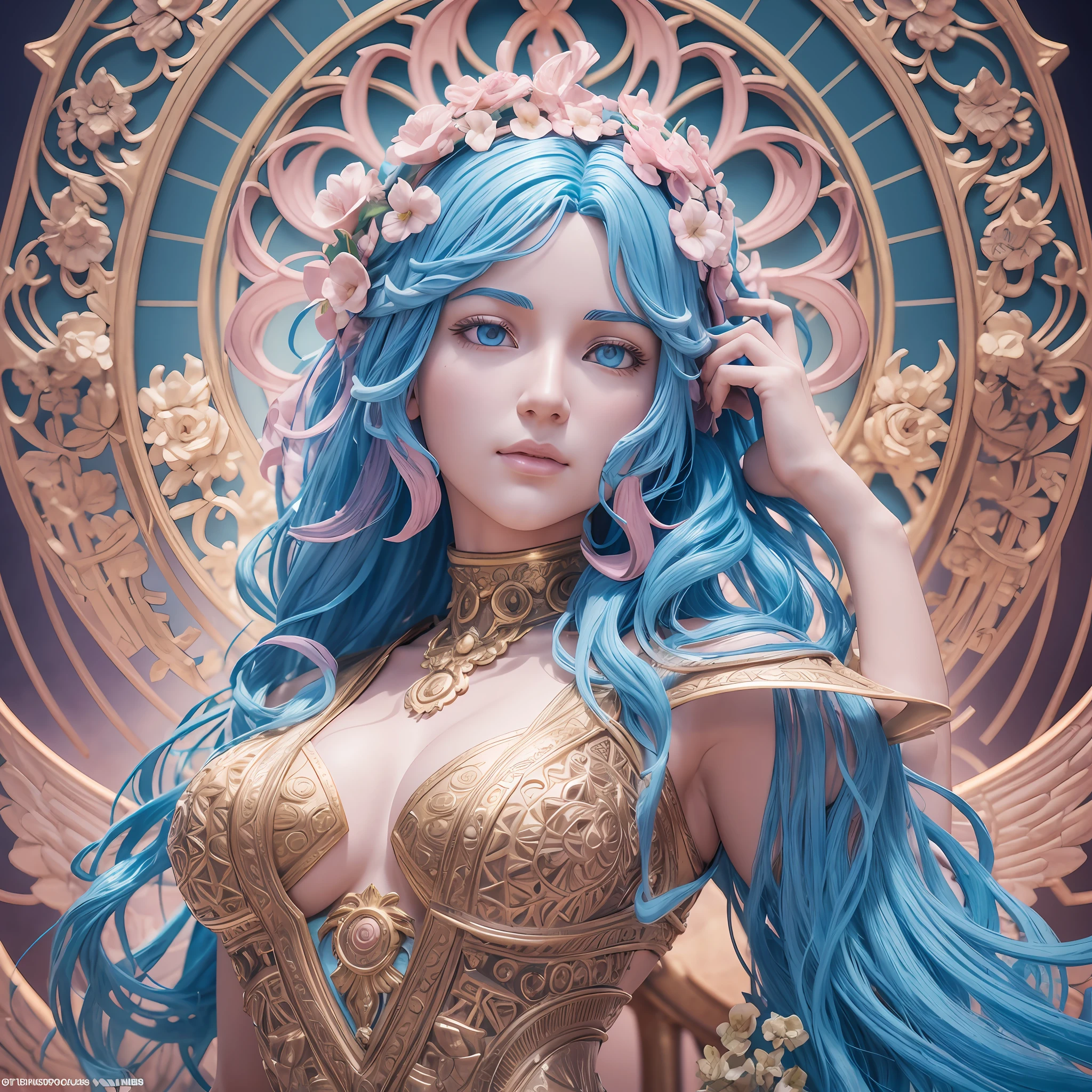 There is a statue of a woman with a bird on her head, baroque vaporwave statue, art nouveau octane render, 3D portrait goddess, Beeple and Alphonse Mucha, realistic sculpture 8k Bernini, Unreal Engine render + a goddess, goddess. Extremely high detail, 3 D Sculpture 8 K octane render, 3 D Sculpture octane render 8 K, in the roma, ((with short pink dress)), (blue hair) --auto --s2