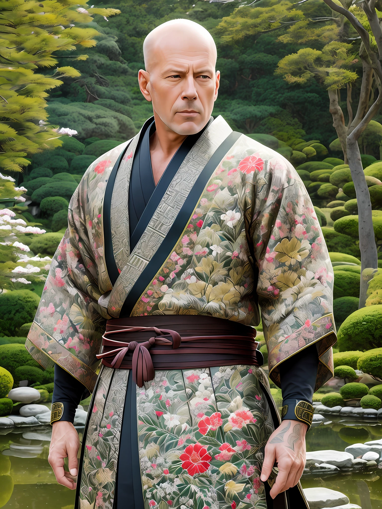 Masterpiece Photography Ultra Realistic Description: Bruce Willis, the legendary action star, takes on a bold and unconventional look in this hyper-realistic 4K photograph. He defies expectations by donning an intricately patterned kimono with a samurai-inspired armor, standing amidst the serene tranquility of a traditional Japanese Zen garden. The unexpected combination of Eastern attire and Zen aesthetics creates a visually captivating composition. With his intense gaze and stoic demeanor, he exudes a sense of strength and inner peace. The hyper-realistic portrayal captures every intricate detail of his unique ensemble and the serene beauty of the garden, evoking a sense of timeless warrior spirit and harmonious balance.
