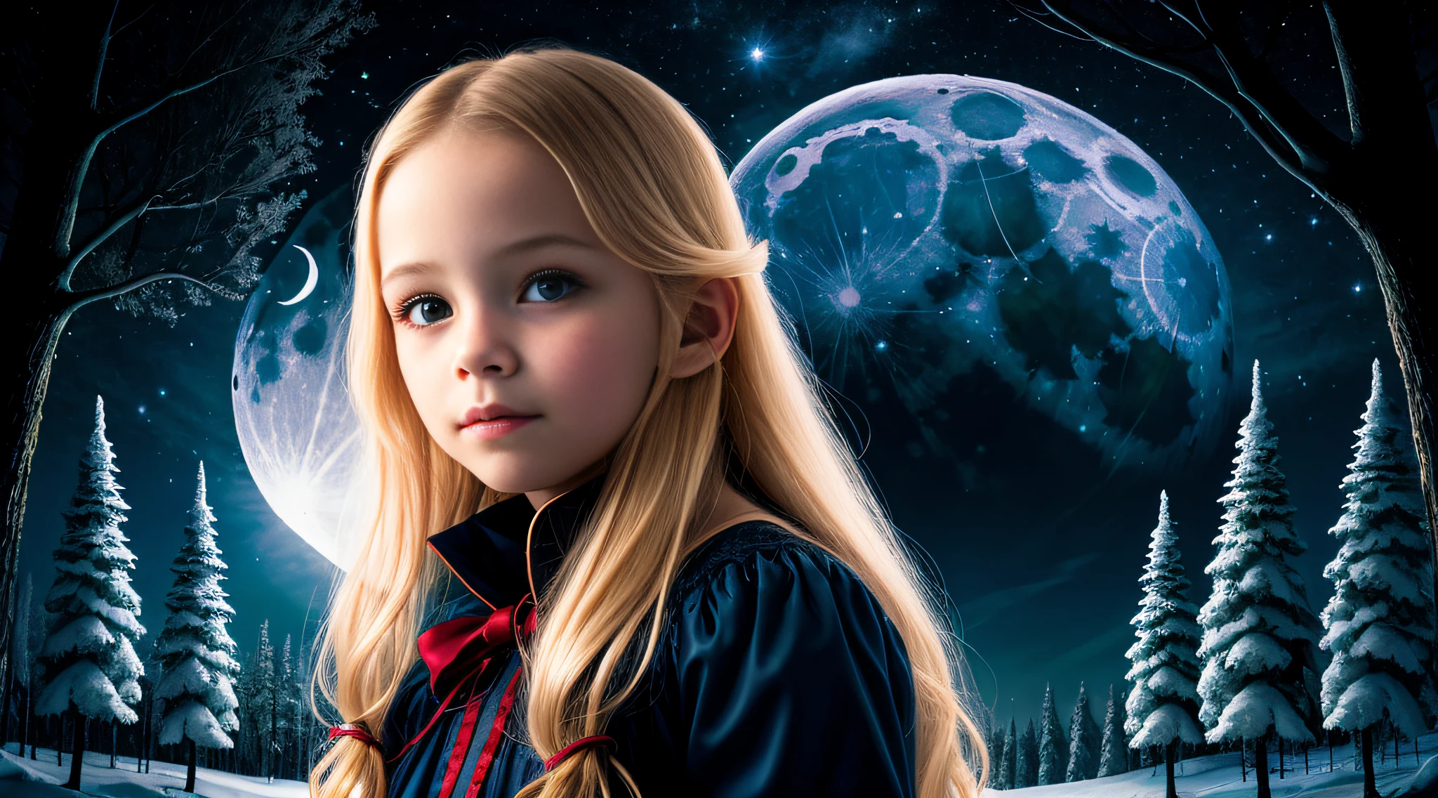 10 year old girl child Russian VAMPIRE, close up, PORTRAIT, with long blonde hair, There is a full moon that is shining through the trees, moonlight through the trees, an image of a moonlit forest, moonlight through the trees, forest and moon, at night with dramatic moonlight, moonlit forest, moonlit night sky, dreamy atmosphere moonlit night, beautiful moonlit night, moonlight in the upper background, moonlit sky, dramatic moonlight illumination