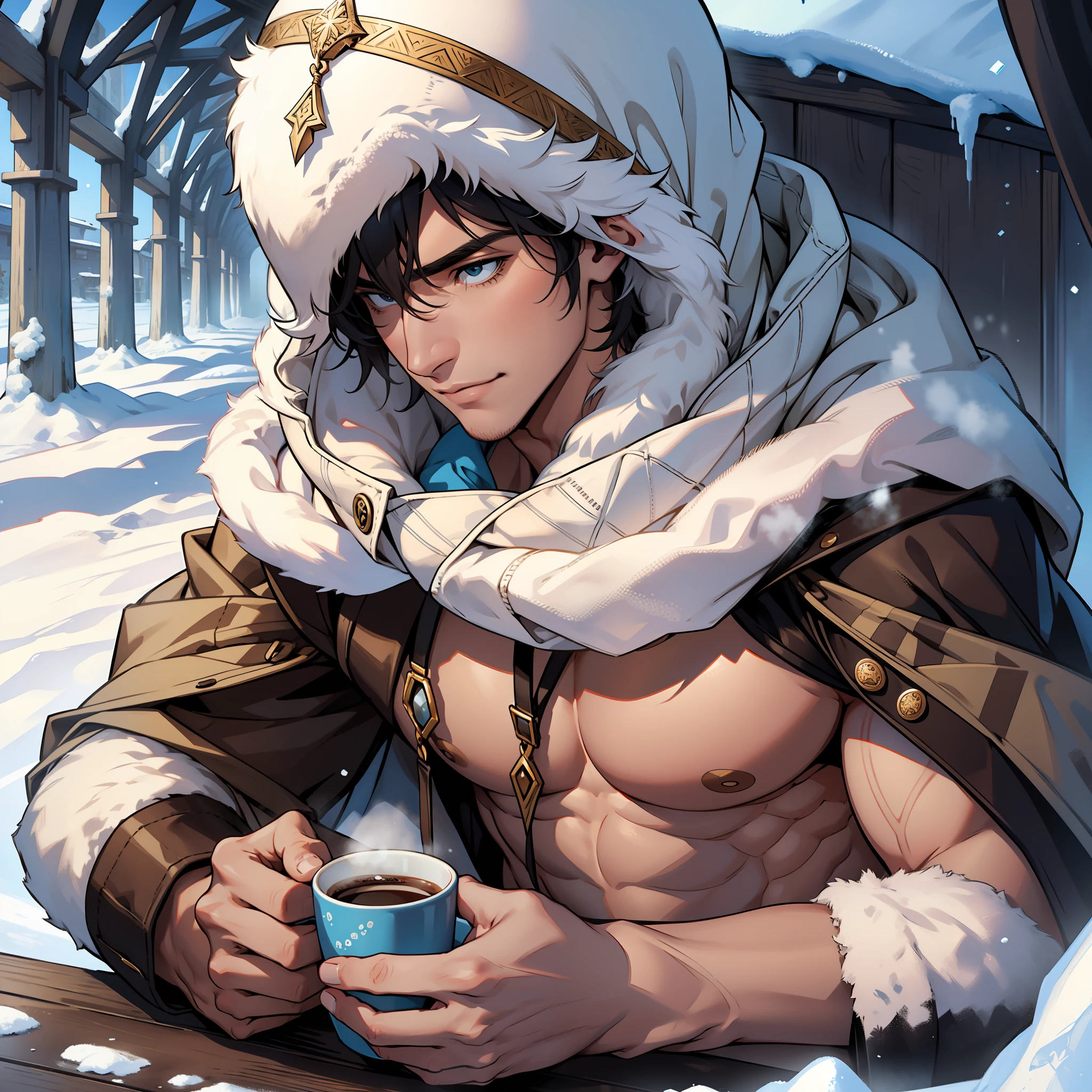 2boys enjoying a cup of coffee in a igloo in cold winters, shirtless, good hands, intricate details, detailed snow, sensual