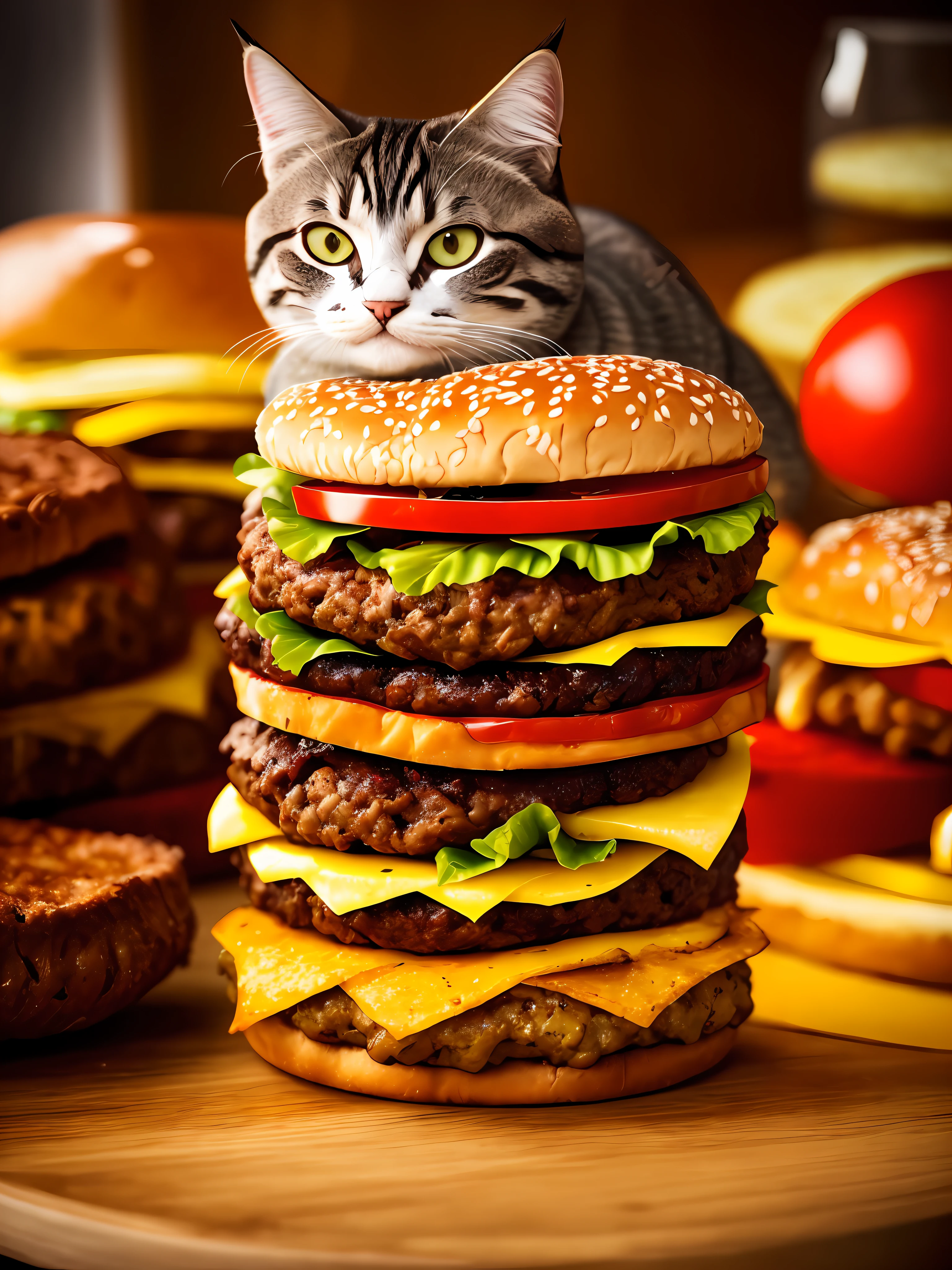 A hamburger cat falling into juicy pieces, tasty, hot, promotional photo, intricate details, hdr, cinematic, adobe lightroom, highly detailed