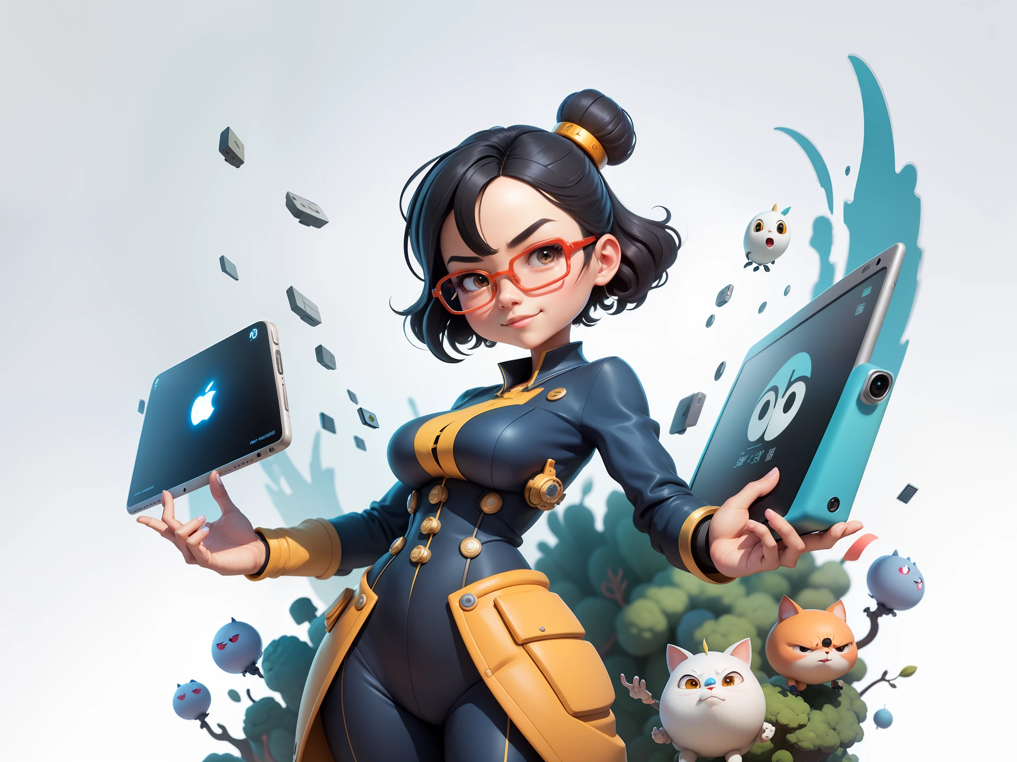 (Masterpiece), (Excellent), (Super Meticulous), (Full Body: 1.2), Super Young Woman, Beautiful, Sexy, Bursting, Oriental Face, TV Anchor, Bust Portrait Illustration, Alone, Black Suit, Blue Tie, Silver Glasses, Slightly Chubby Face, Very Clean Face, No Beard, Black Super Short Hair, Black Eyes, Confident Smile, 3c Computer Sub-Products, iPad, iPhone, Digital Painting, 3D Character Design by Mark Claireldon and Pixar and Hayao Miyazaki, The illustration is a high-definition illustration in 4K resolution with very detailed facial features and cartoon-style visuals.