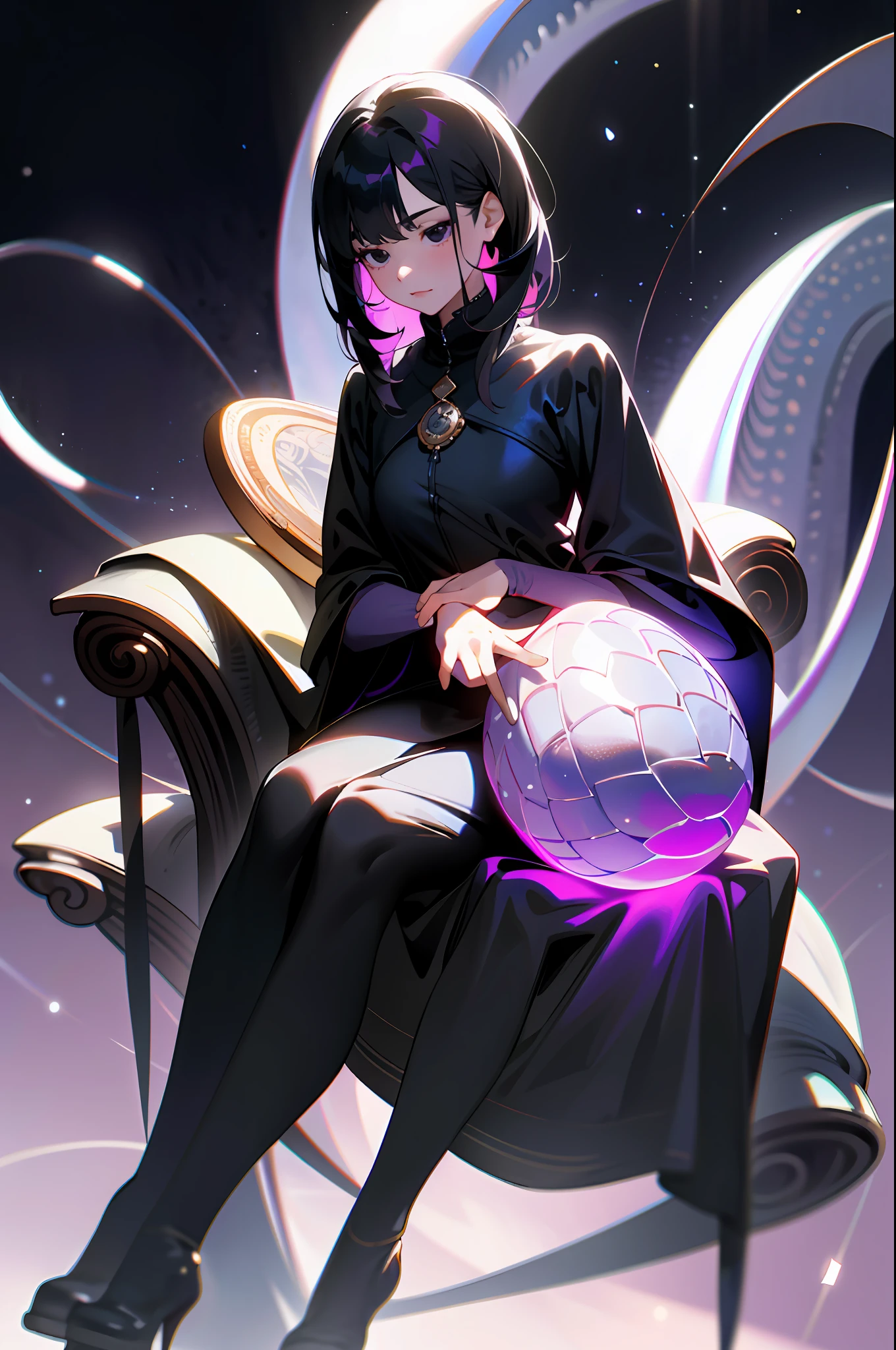 (8k, RAW photo, best quality, masterpiece: 1.2), (realistic, photorealistic: 1.37), ((best quality)), ultra high resolution, extremely detailed 8k CG wallpaper, physics-based rendering, cinematic lighting, full body, (bokeh: 1.4), (((1girl))), (oval face), closed face, girl sitting on a throne, holding a dragon egg in hands, dark aura, black-haired girl, Black eyes, silver light, violet background lights.