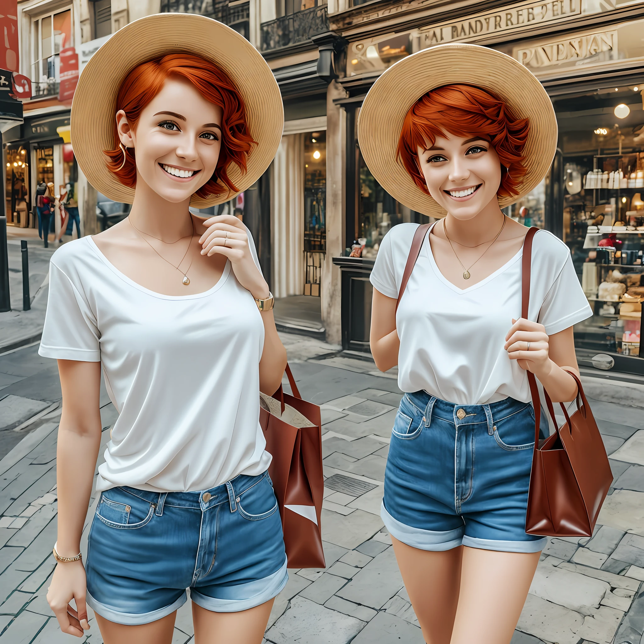 Young woman, 25 years old, red hair, pixie hair, side-swept hair, funny, perfect body, beautiful face, laughing, very happy, wearing Panama hat, wearing T-shirt, elegant outfit, full body image, looking at camera, holding a shop bag, happy, detailed urban background, photorealistic style, isometric image, ultra realistic image --auto --s2