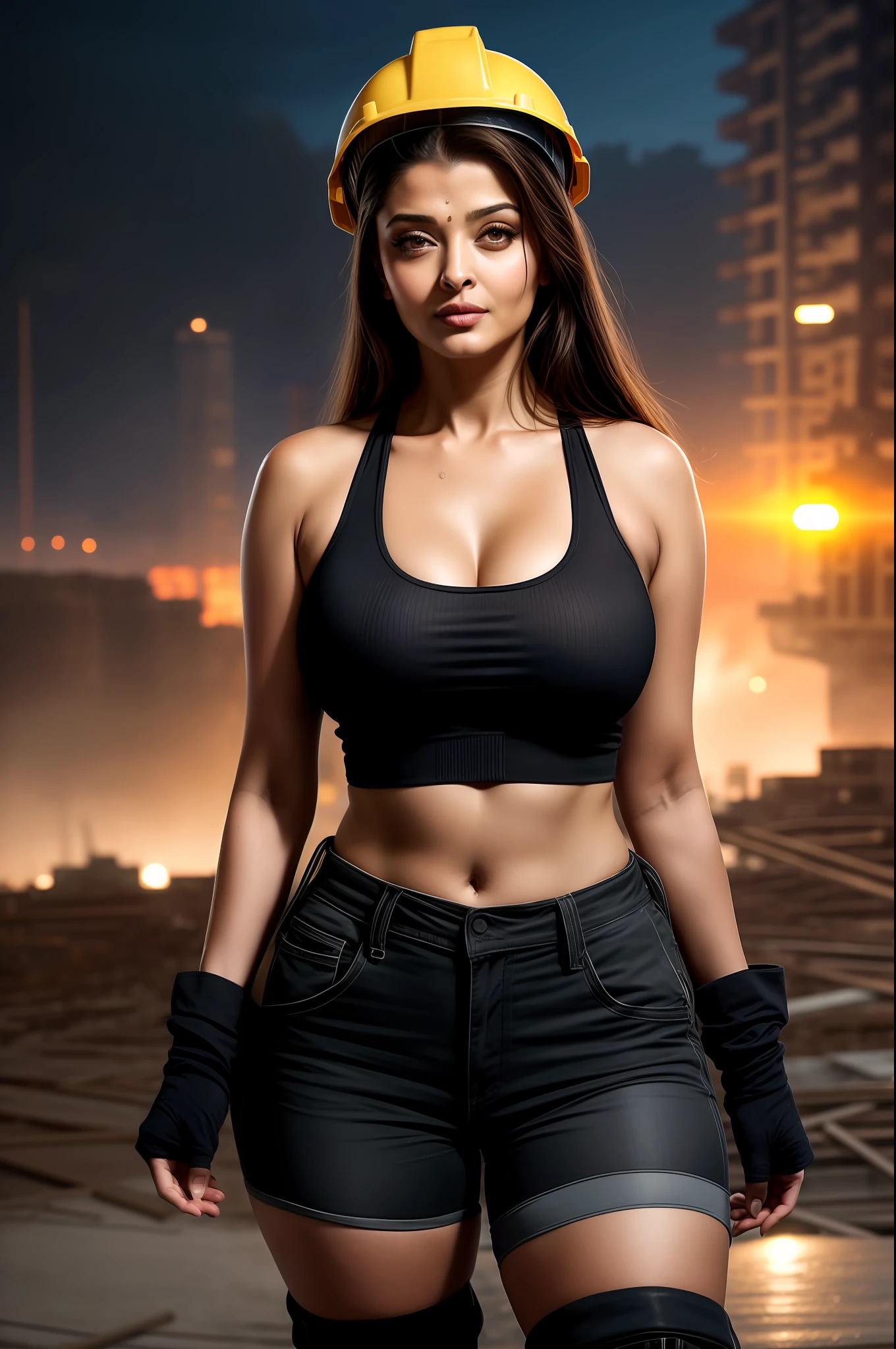 Aishwarya rai as construction lady, black shorts, high boots, tank top, squeezing breasts, posing in construction site, night scene, yellow helmet, navel out, breasts visible show, 90% breasts popping out, hourglass figure, massive breasts, nipple slip, fit, seductive face, look at camera and laugh, wet ponytail hair, erotic adult face, 40 yo, soft volumetric lights, intricate details, (ArtStation:1.2)