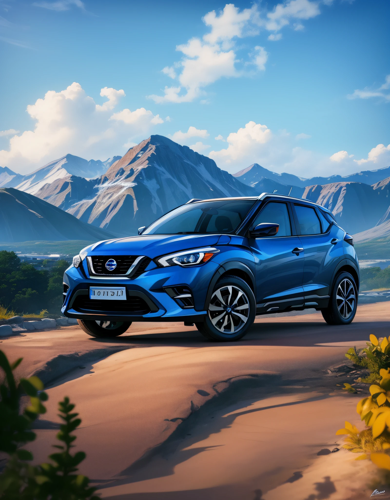 Nissan Kicks, blue, realistic paint, beautiful landscape in the background, strong colors, 8k, uhd, high lighting, high quality, sharp focus, fujifilm XT3