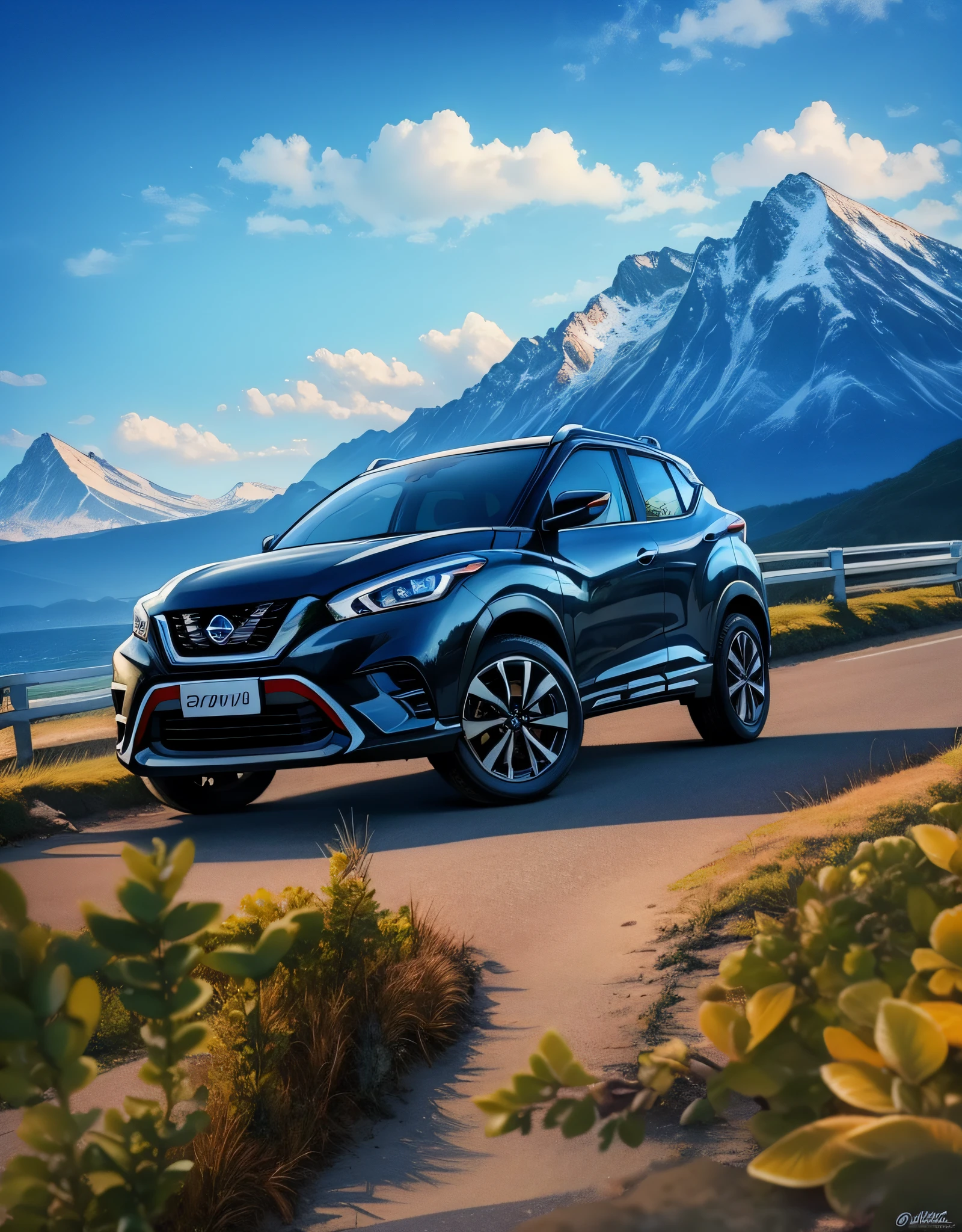 Nissan Kicks, blue, realistic paint, beautiful landscape in the background, strong colors, 8k, uhd, high lighting, high quality, sharp focus, fujifilm XT3