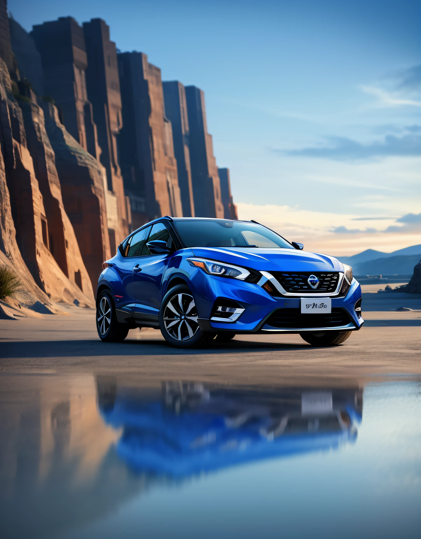 Nissan Kicks, blue, realistic paint, beautiful landscape in the background, strong colors, 8k, uhd, high lighting, high quality, sharp focus, fujifilm XT3