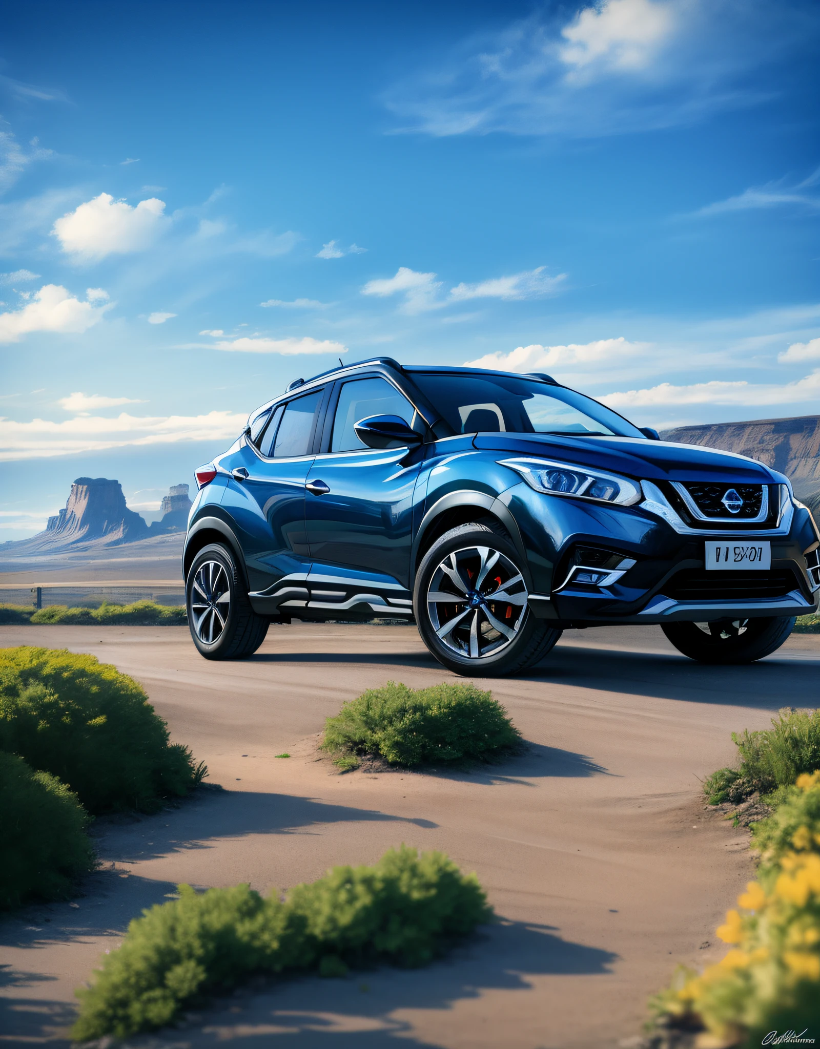 Nissan Kicks, blue, realistic paint, beautiful landscape in the background, strong colors, 8k, uhd, high lighting, high quality, sharp focus, fujifilm XT3