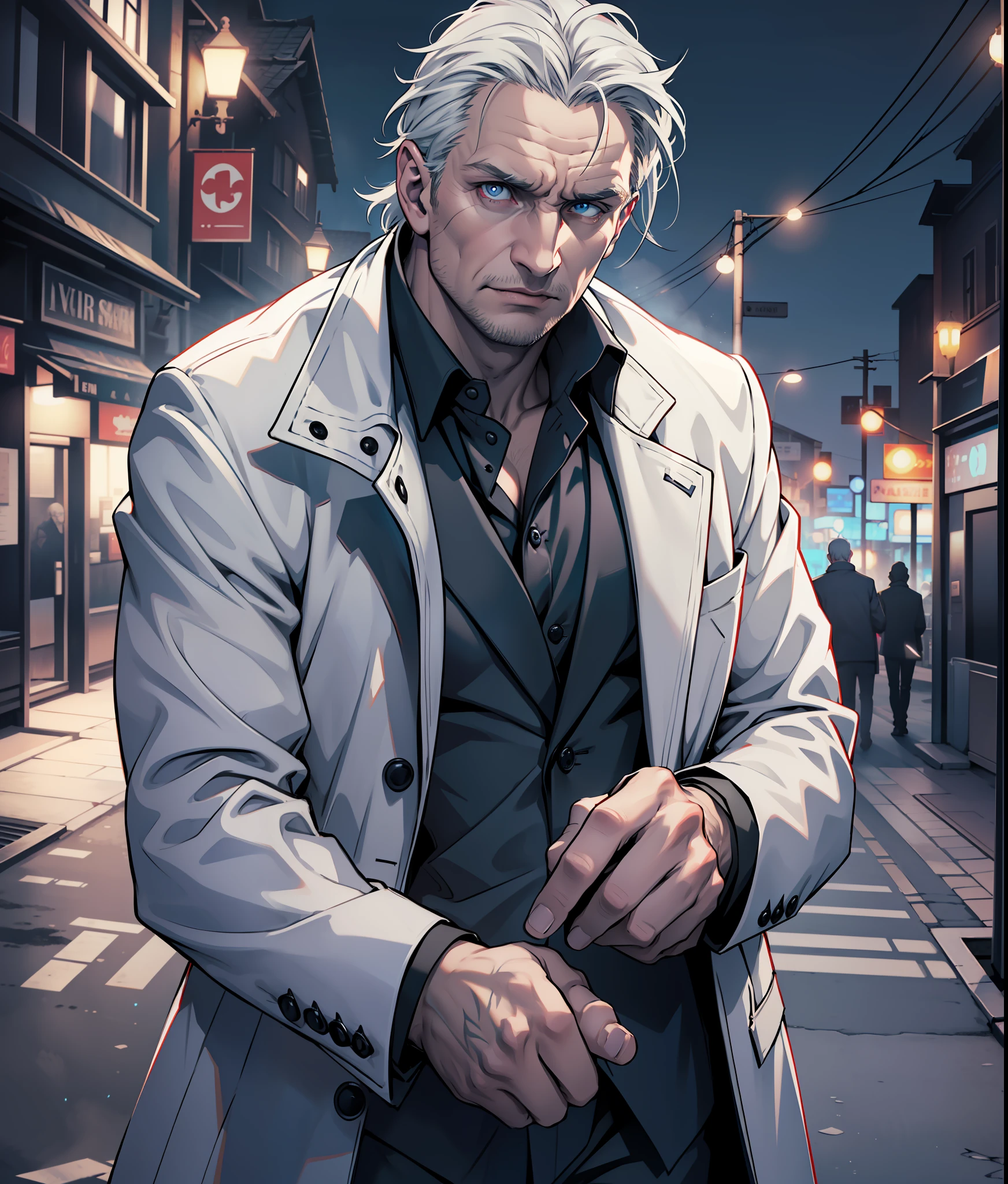 (extremely detailed 8k wallpaper), dark theme, Vampire the Masquerade, modern horror, 2020s, middle-aged man, wearing white private morgue coat, sharp focus, (subsurface scattering:1.1), award-winning photography, centered face, (Liam Neeson's face), (((a vampire from Hecata)))), head-on, full-body shot:1.1, gray hair, supernatural blue eyes, serious expression,  beachfront at night, dramatic lighting