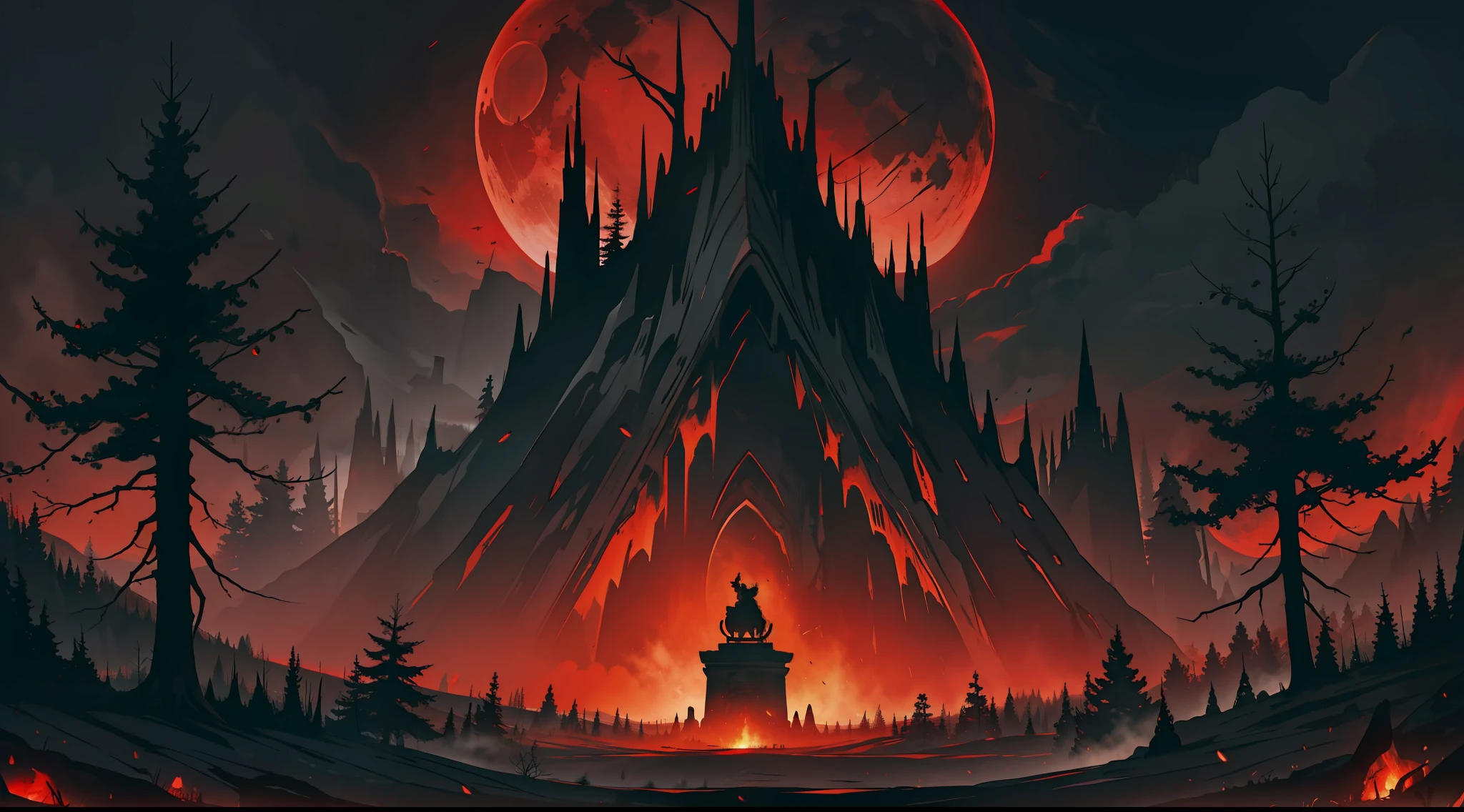 a dark and gloomy black forest with black earth and dead trees everywhere the red sky with blood moon a great gloomy void red and black colors in abundance with a large monument on the horizon a rocky statue of a dragon