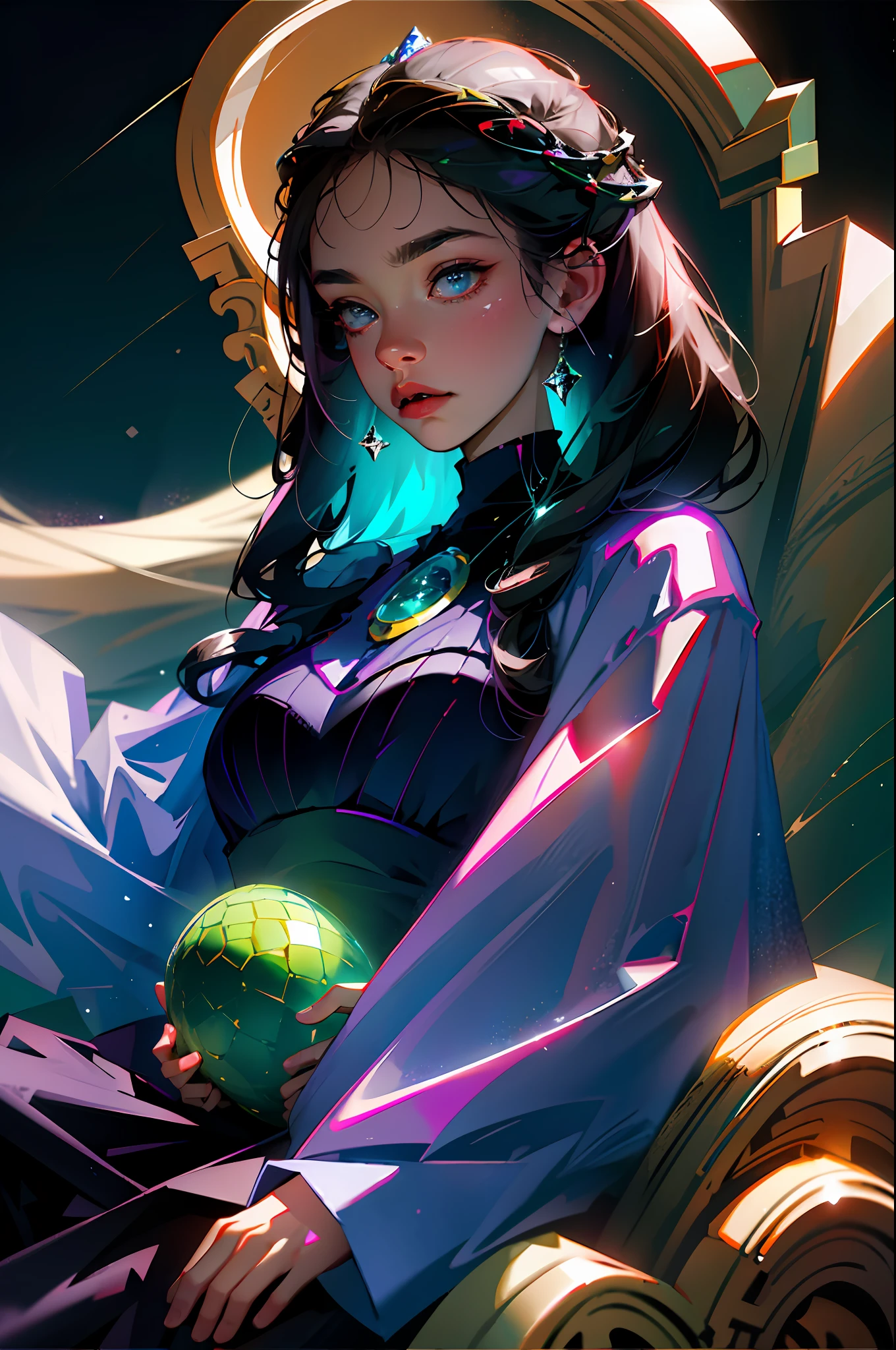 (8k, RAW photo, best quality, masterpiece: 1.2), (realistic, photorealistic: 1.37), ((best quality)), ultra high resolution, extremely detailed 8k CG wallpaper, physics-based rendering, cinematic lighting, full body, (bokeh: 1.4), (((1girl))), (oval face), closed face, girl sitting on a throne, holding a dragon egg in hands, dark aura, black-haired girl,  Black eyes, silver light, violet background lights.