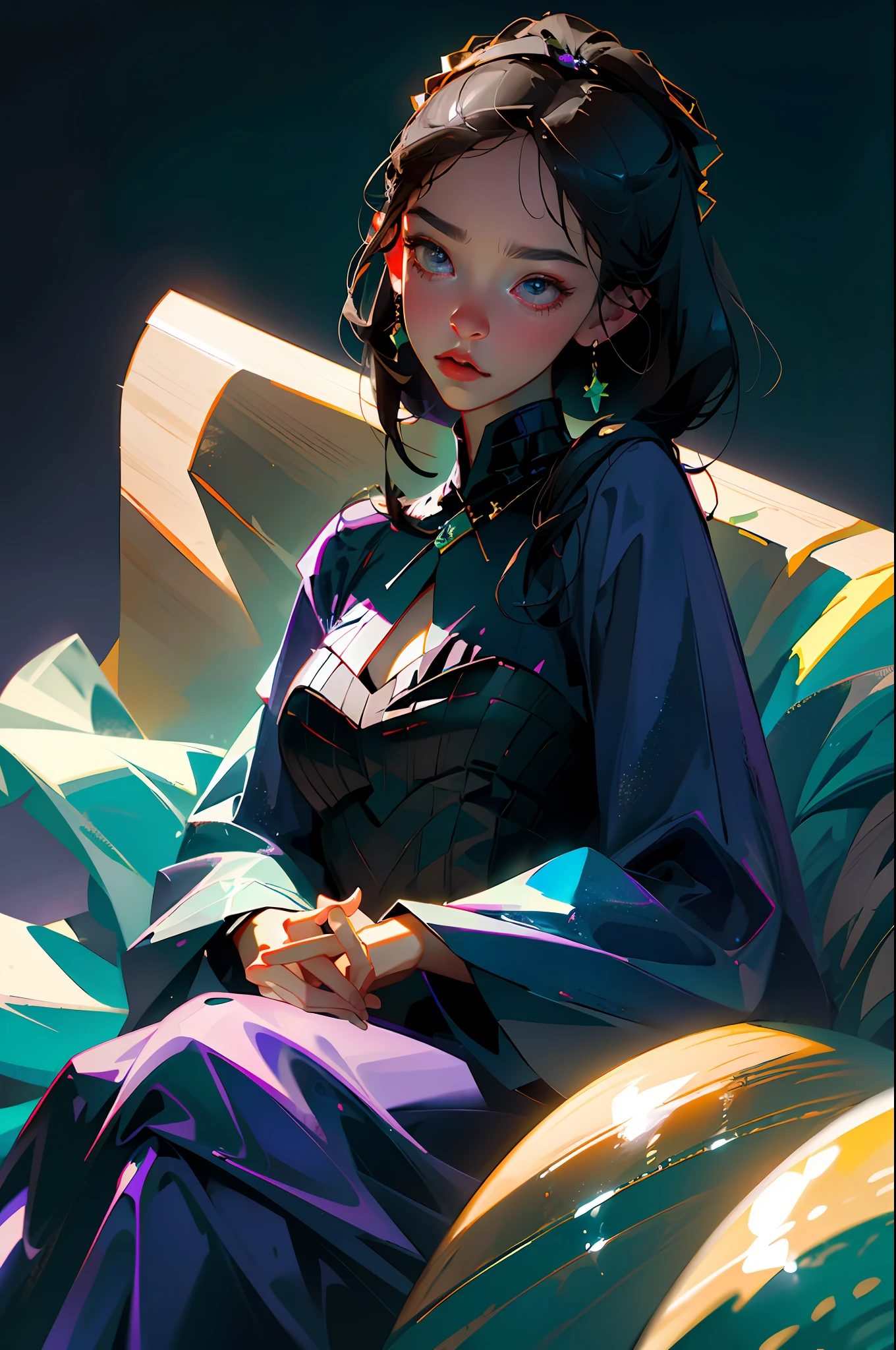 (8k, RAW photo, best quality, masterpiece: 1.2), (realistic, photorealistic: 1.37), ((best quality)), ultra high resolution, extremely detailed 8k CG wallpaper, physics-based rendering, cinematic lighting, full body, (bokeh: 1.4), (((1girl))), (oval face), closed face, girl sitting on a throne, holding a dragon egg in hands, dark aura, black-haired girl,  Black eyes, silver light, violet background lights.