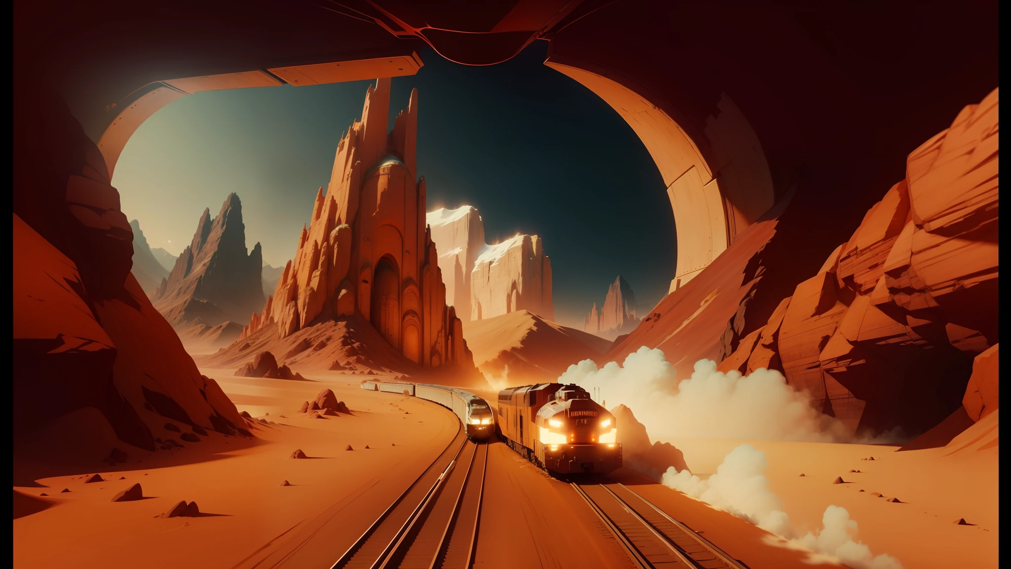 there is a train going through a tunnel with a mountain in the background, still from movie dune, heavy metal art style, faithful cinematic color scheme, space race, playable trailer, martian sands background, glowing engines, racers