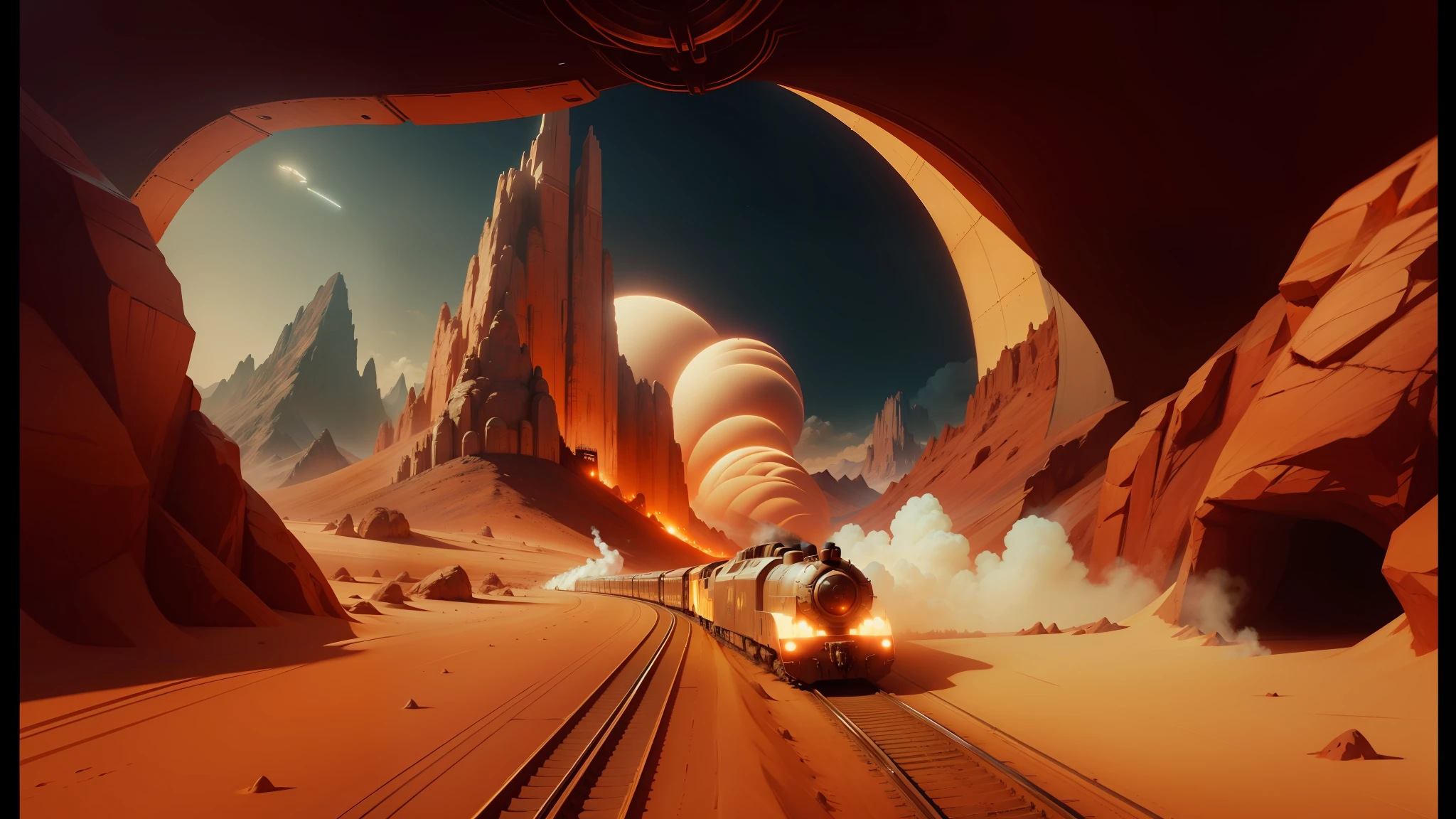 there is a train going through a tunnel with a mountain in the background, still from movie dune, heavy metal art style, faithful cinematic color scheme, space race, playable trailer, martian sands background, glowing engines, racers