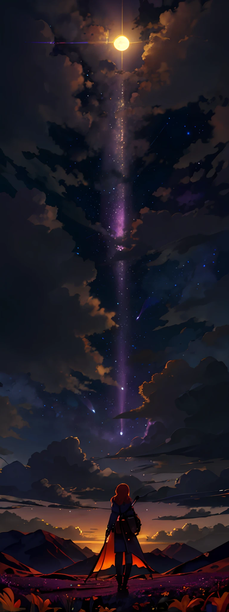 expansive landscape photograph , (a view from below that shows sky above and open field below), a girl standing on flower field looking up, (full moon:1.2), ( shooting stars:0.9), (nebula:1.3), distant mountain, tree BREAK
production art, (warm light source:1.2), (Firefly:1.2), lamp, lot of purple and orange, intricate details, volumetric lighting, realism BREAK
(masterpiece:1.2), (best quality), 4k, ultra-detailed, (dynamic composition:1.4), highly detailed, colorful details,( iridescent colors:1.2), (glowing lighting, atmospheric lighting), dreamy, magical, (solo:1.2)