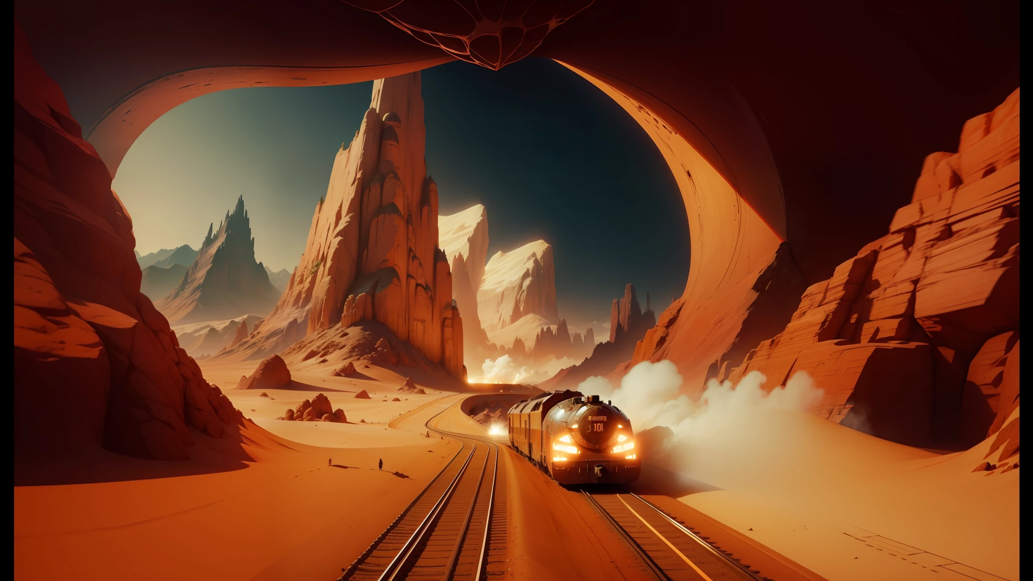 there is a train going through a tunnel with a mountain in the background, still from movie dune, heavy metal art style, faithful cinematic color scheme, space race, playable trailer, martian sands background, glowing engines, racers