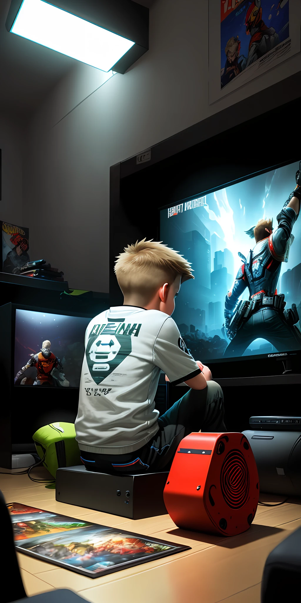 a young boy, sitting in front of the TV, video game controller in hand, playing video game, TV screen showing game, posters of games and rock bands on the walls, comic books scattered on the floor, third-person view from behind, comic book style