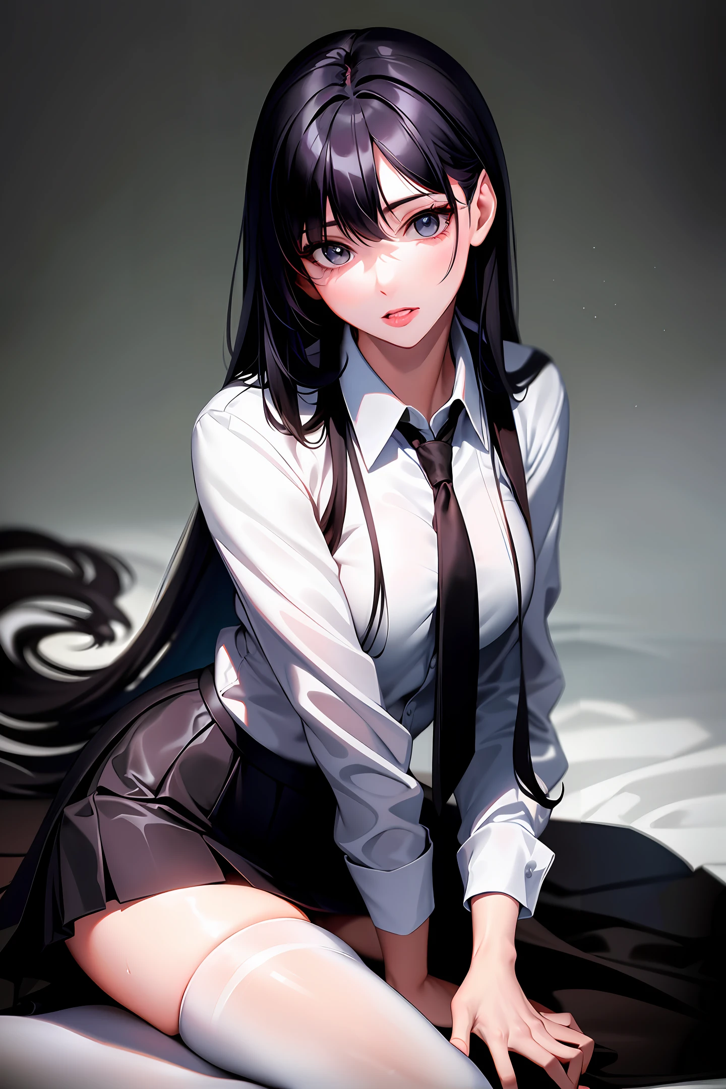 (masterpiece, absurdres, high-quality, best quality, ultra-detailed), solo1 girl, tomie, big breasts, tiny waist, big curvy hips, black hair, braid, front fringe, straight fringe, wide eyes, blushing, heavy breathing, tongue out, black and white manga style