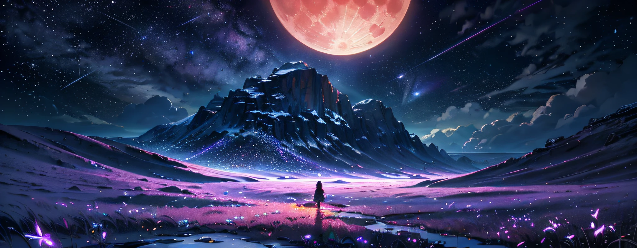 expansive landscape photograph , (a view from below that shows sky above and open field below), a girl standing on flower field looking up, (full moon:1.2), ( shooting stars:0.9), (nebula:1.3), distant mountain, tree BREAKproduction art, (warm light source:1.2), (Firefly:1.2), lamp, lot of purple and orange, intricate details, volumetric lighting BREAK(masterpiece:1.2), (best quality), 4k, ultra-detailed, (dynamic composition:1.4), highly detailed, colorful details,( iridescent colors:1.2), (glowing lighting, atmospheric lighting), dreamy, magical, (solo:1.2 --auto --s2