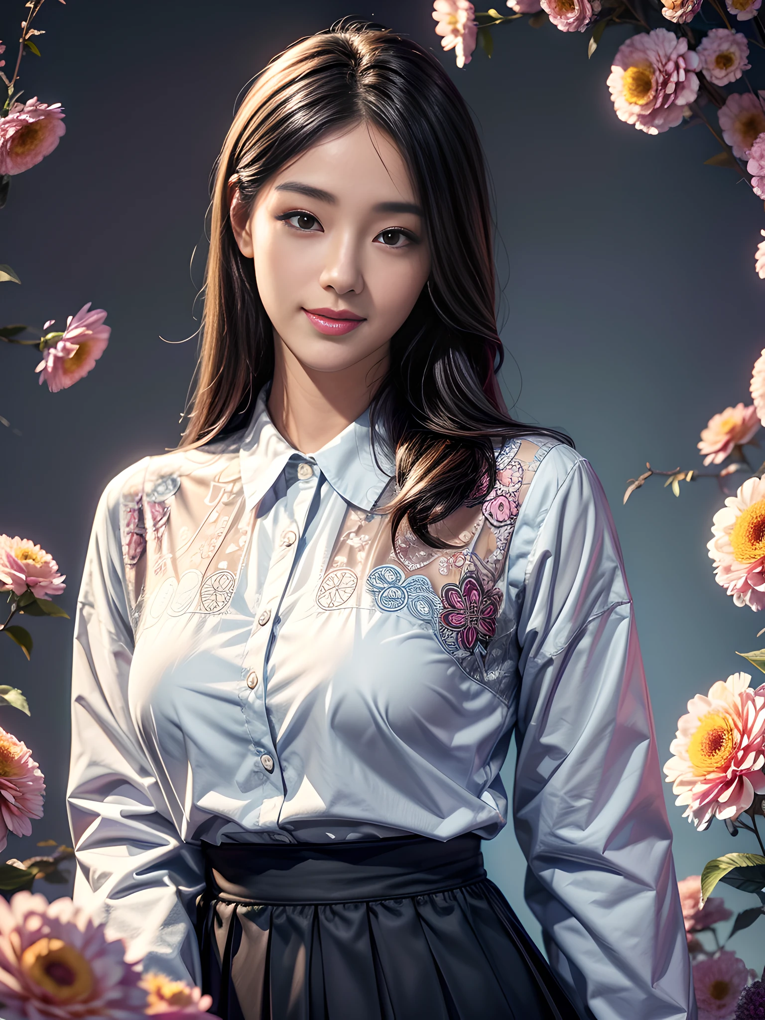 1 girl, Korean, masterpiece, changeable pose, solo, (zen tangles, mandalas, tangles, tangles), ((flowers: 1.4)) Official art, unified 8k wallpaper, super detailed, aesthetics, masterpiece, best quality, photo realism, shirt clothes, black short skirt, photo, close-up of face, fair skin, bright big eyes, tall straight nose, (beautiful face: 1.5), smile, technical aesthetics, real