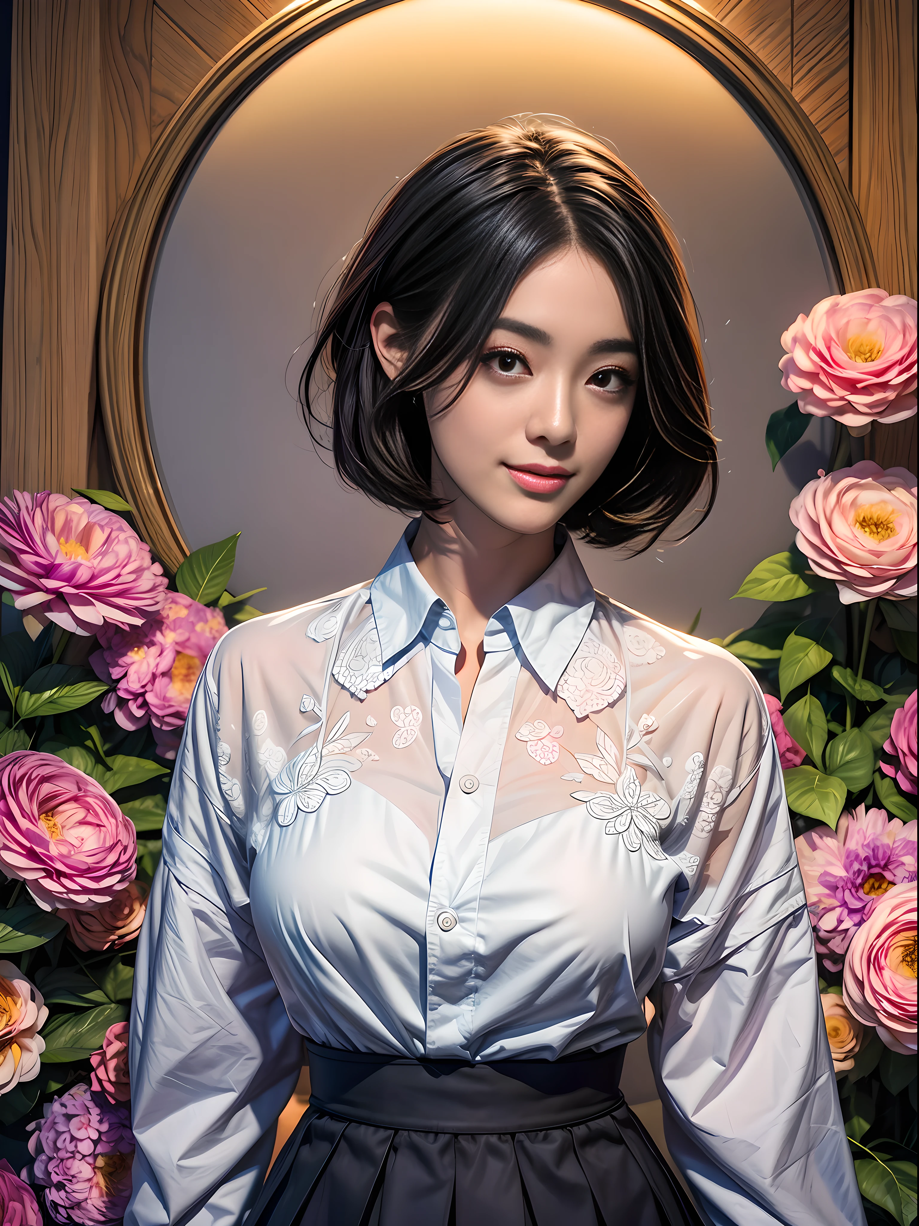 1 girl, Korean, masterpiece, changeable pose, solo, (zen tangles, mandalas, tangles, tangles), ((flowers: 1.4)) Official art, unified 8k wallpaper, super detailed, aesthetics, masterpiece, best quality, photo realism, shirt clothes, black short skirt, photo, close-up of face, short hair, fair skin, bright big eyes, tall straight nose, (beautiful face: 1.5), smile, technical aesthetics, real