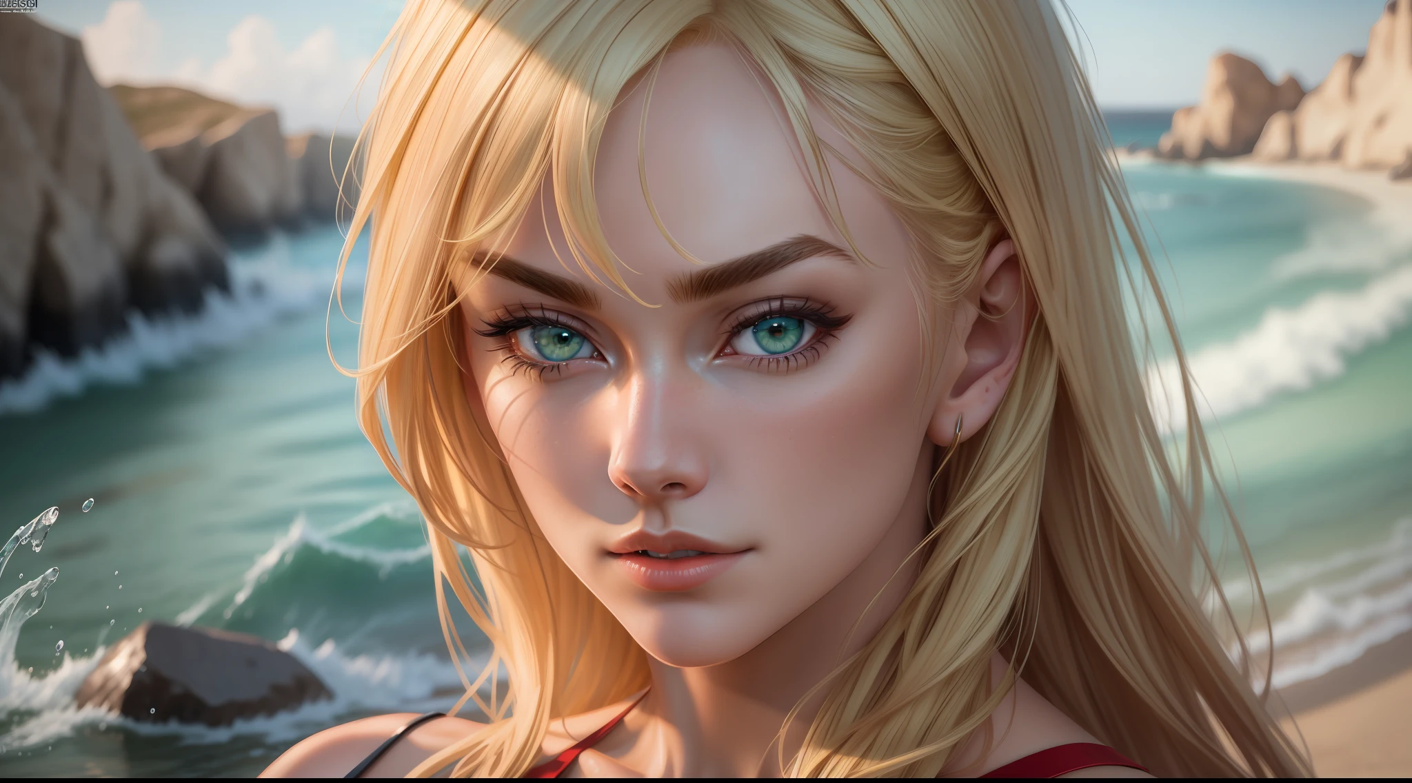 Yvonne Strahovski beautiful, long blonde hair, wearing red bikini on a beach, perfect detailed face, detailed green eyes with circular iris, realistic, stunning realistic photography, intricately detailed, ultra high definition, 8K, Unreal Engine 5, ultra sharp focus, highly detailed, vibrant, rendered in 8K resolution for high quality details, 8K image quality, 8K high resolution image, hyper detailed, super realistic, intricate details