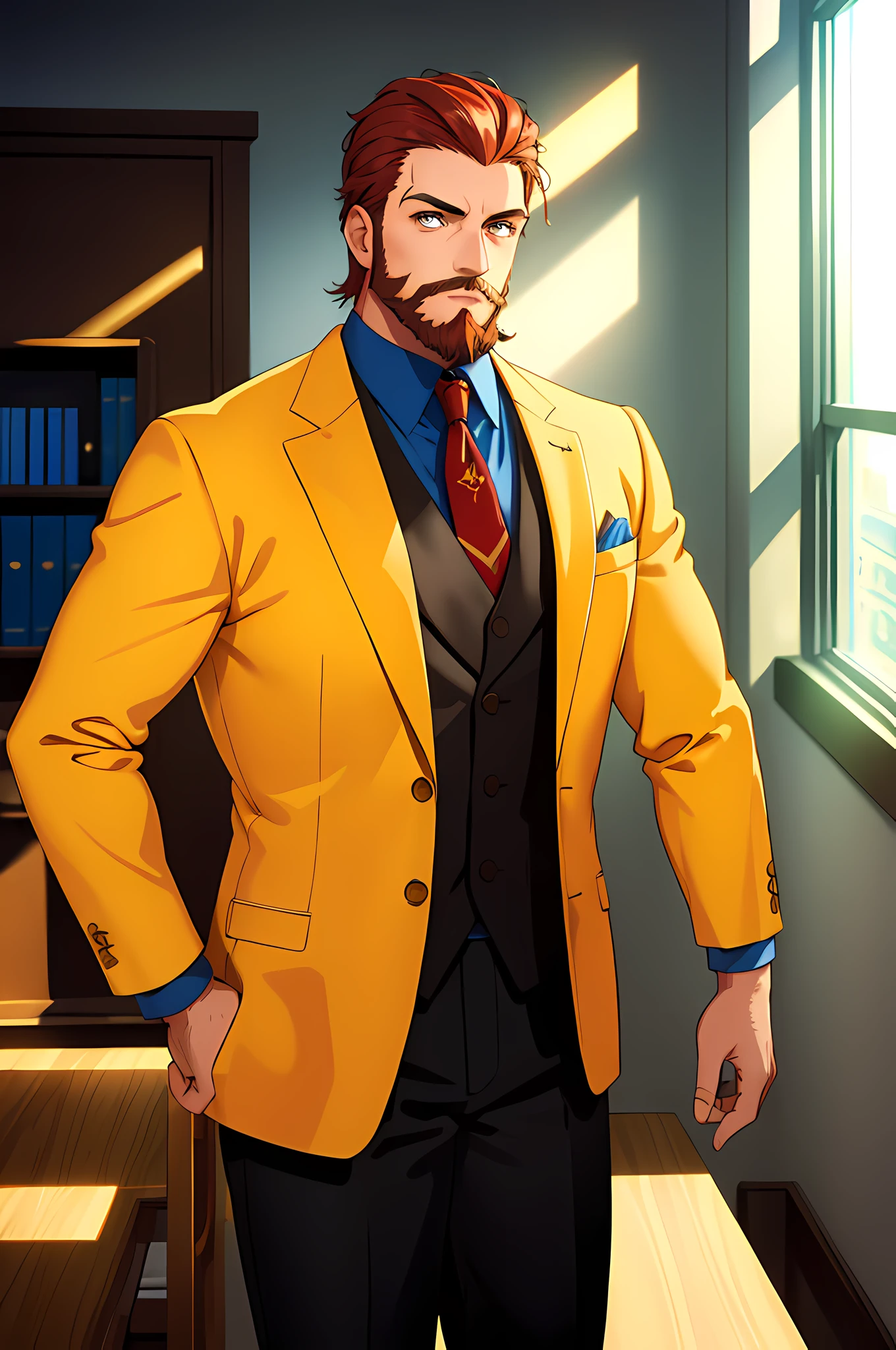 (masterpiece, best quality:1.4), cinematic light, colorful, high contrast, 1boy, manly, beard, day, suit, office, sunlight, window, cowboy shot,