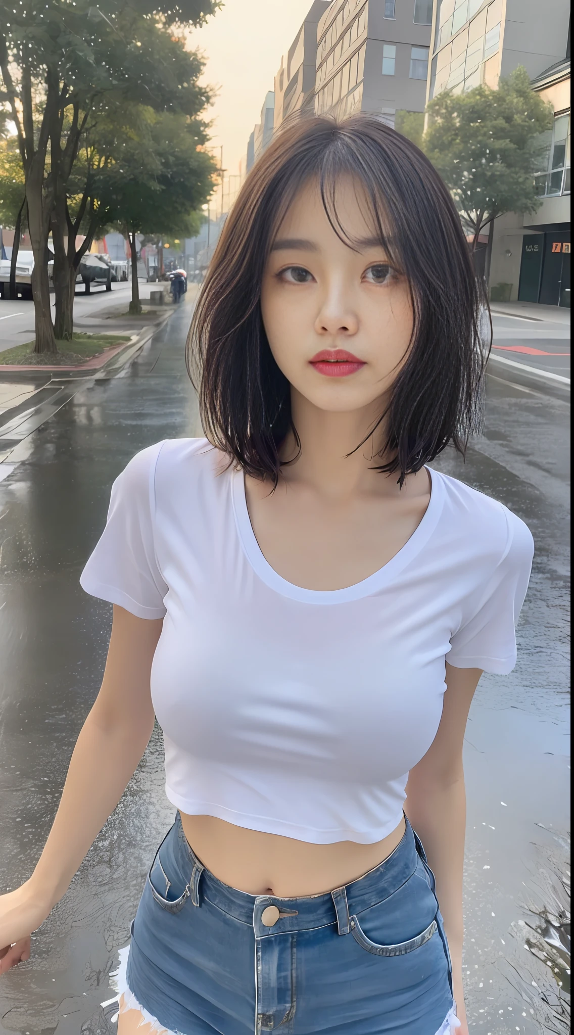 ((Best Quality, 8k, Masterpiece:1.3)), Focus:1.2, Perfect Body Beauty:1.4, Buttocks:1.2, ((Layered Haircut, Breasts:1.2)), (Wet Clothes:1.1) , (Rain, Street:1.3), Short T-shirt: 1.1, Short skirt, open navel, Highly detailed face and skin texture, Fine eyes, Double eyelids, Whitened skin, Long hair