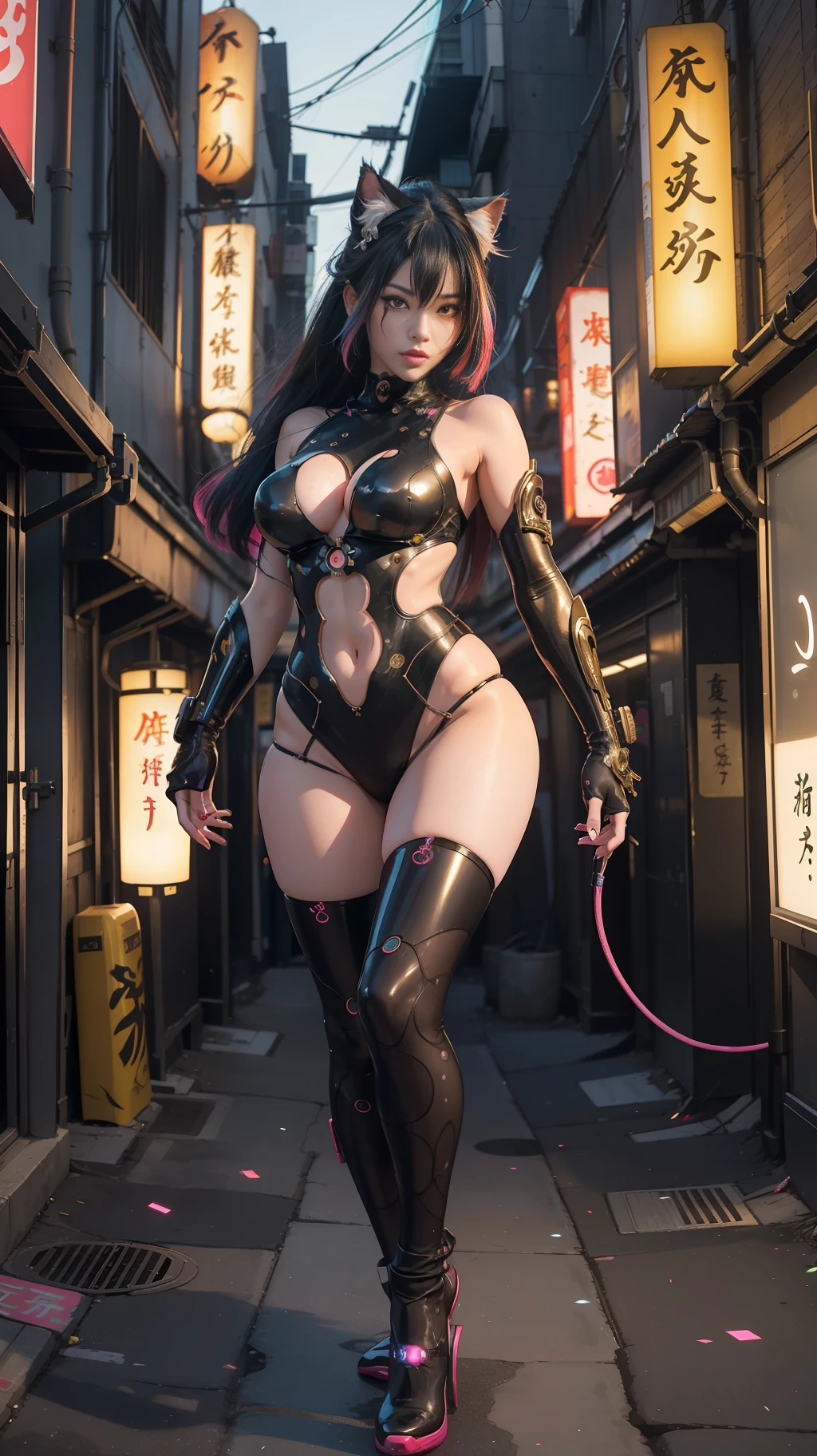 hyperrealistic photograph of cyberpunk nekomata catgirl in a crowded Japanese street, geisha makeup and hairstyle, (((dynamic pose))), walking pose, flowing organic construction, detailed designs, glowing colorful circuitry, colorful neon trim, cinematic lighting, rim lighting, f/2.8, art by H.R. Giger, Greg Rutowski